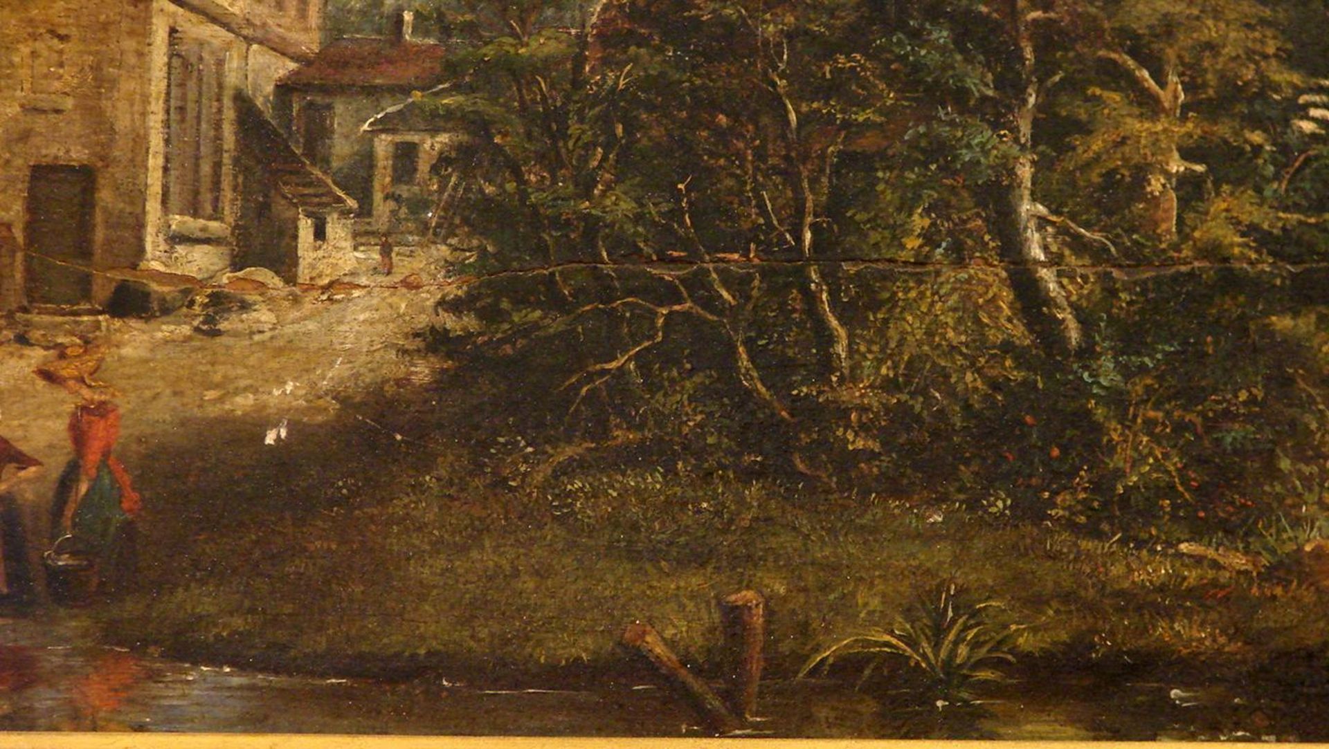 "Waschtag am Fluss", Öl/Holz, ohne Sig., ca. 43 x 28 cm (Querriss in der Platte) - Image 2 of 2