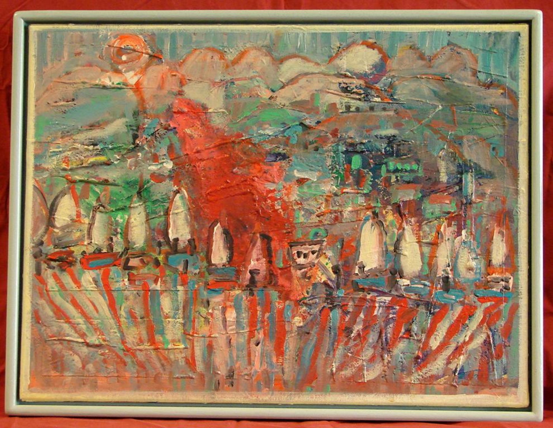 "Segelboote am Ufer", Öl/Leinwand, Neoexpressiver Maler, ca. 46 x 61 cm