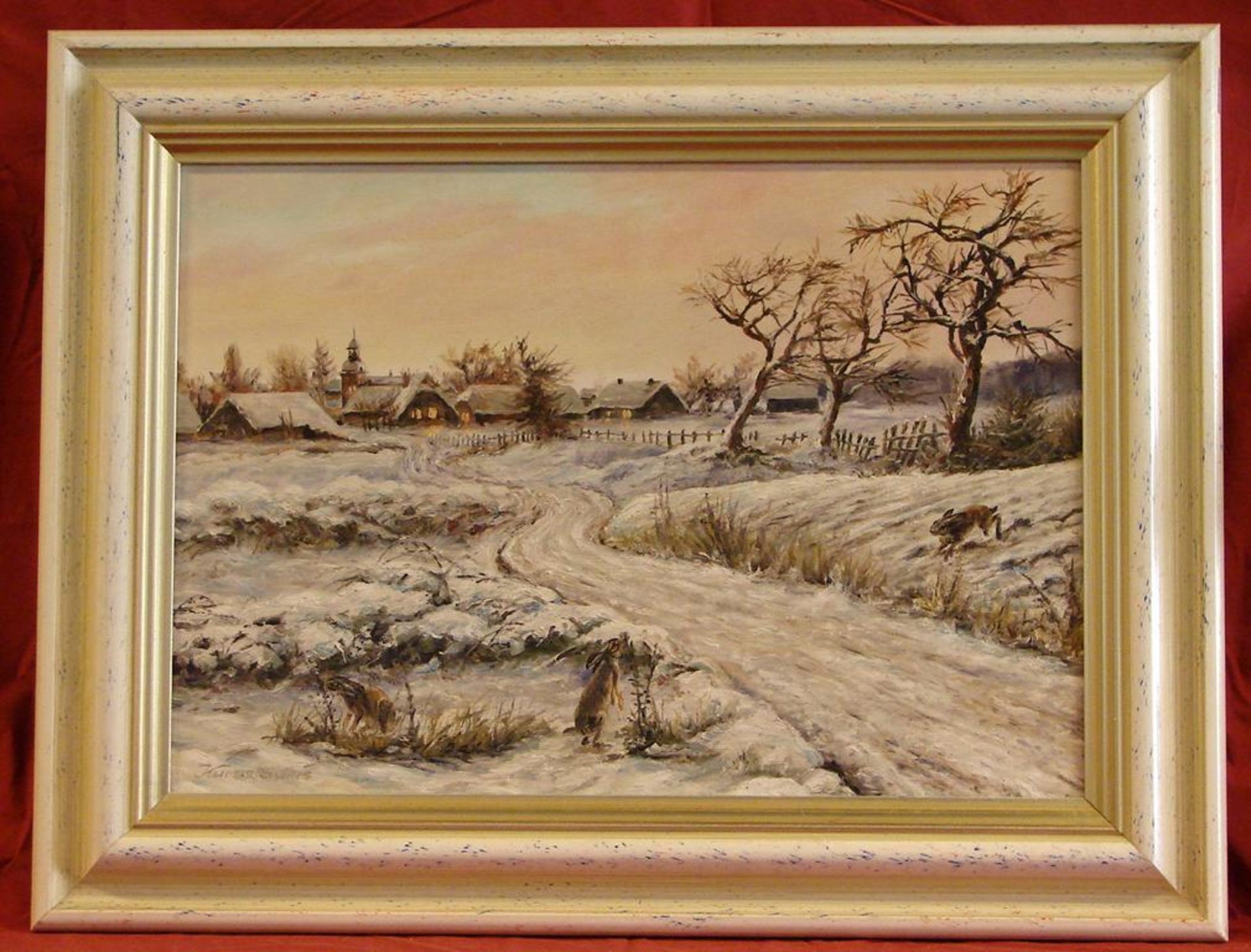 "Winterlandschaft mit Hasen", Öl/Leinwand, u.li. unleserlich sig., ca. 38 x 54 cm