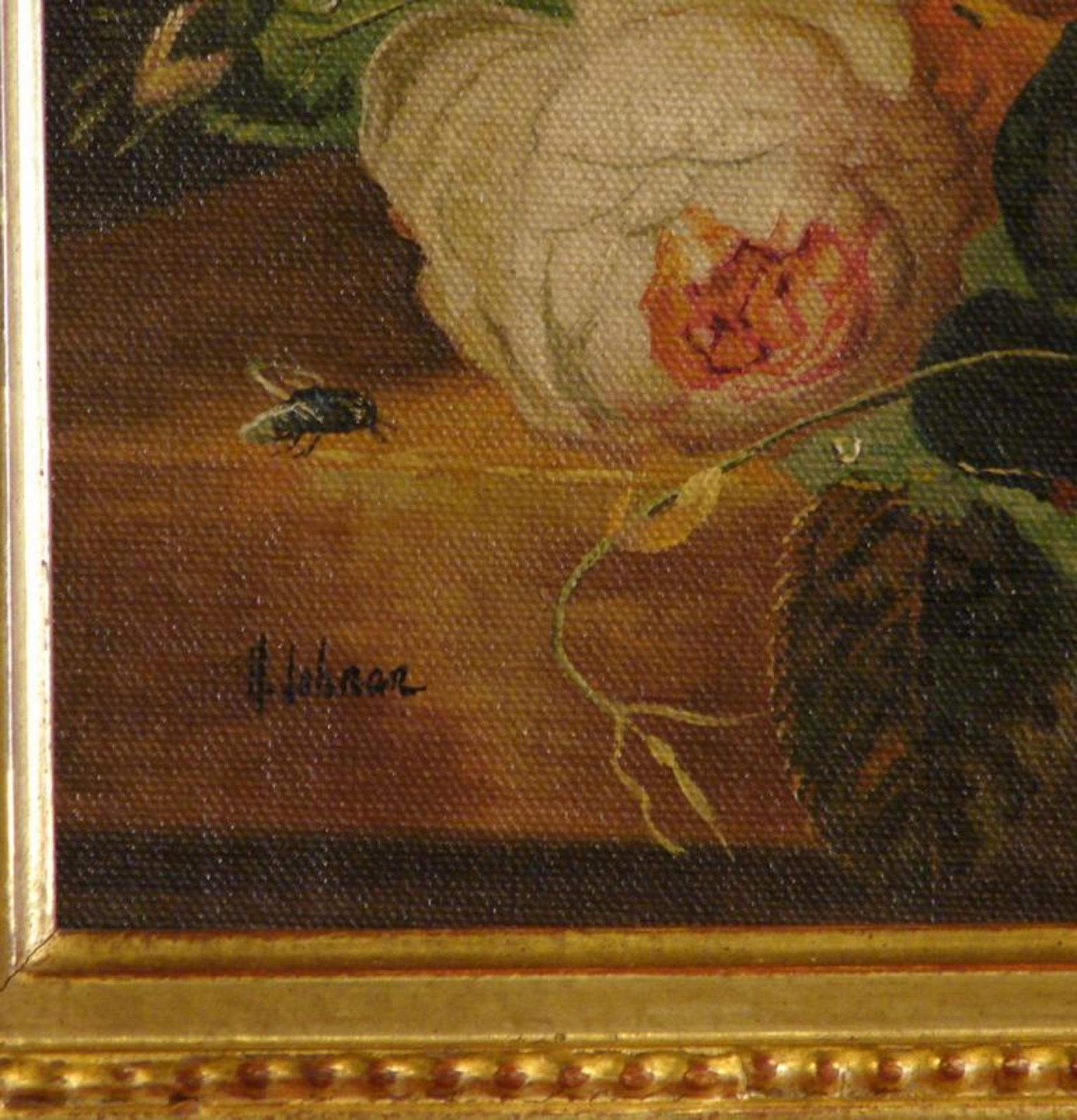 "Blumenstilleben im altmeisterlichem Stil", Öl/Leinwand/Holz, u.li.sig., ca. 28 x 25 cm - Bild 2 aus 2