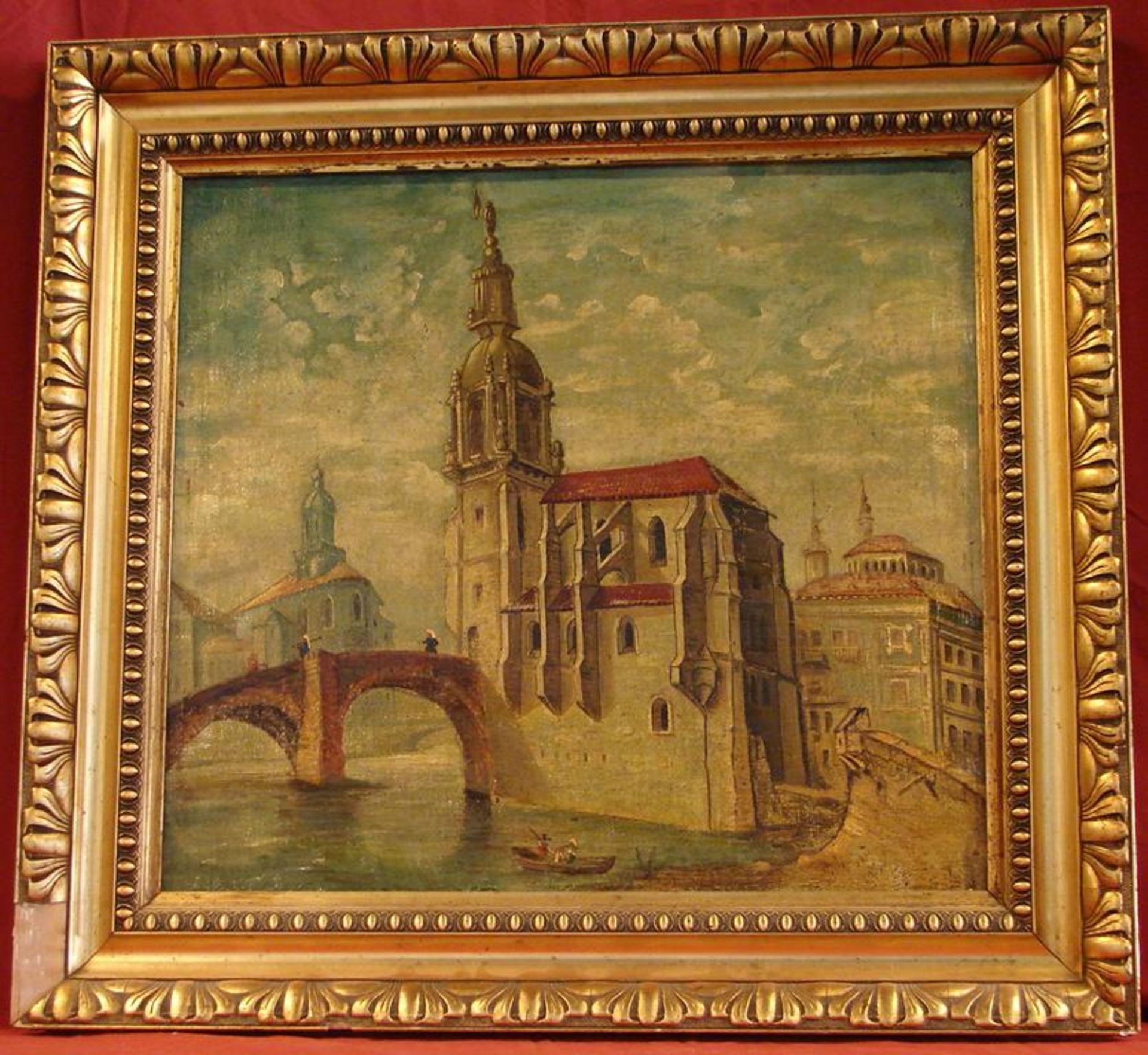 "Venedig", Öl/L., 18. Jhdt., Italien, ohne Signatur, Rahmen beschädigt, Restaurierungsobjekt, c ...