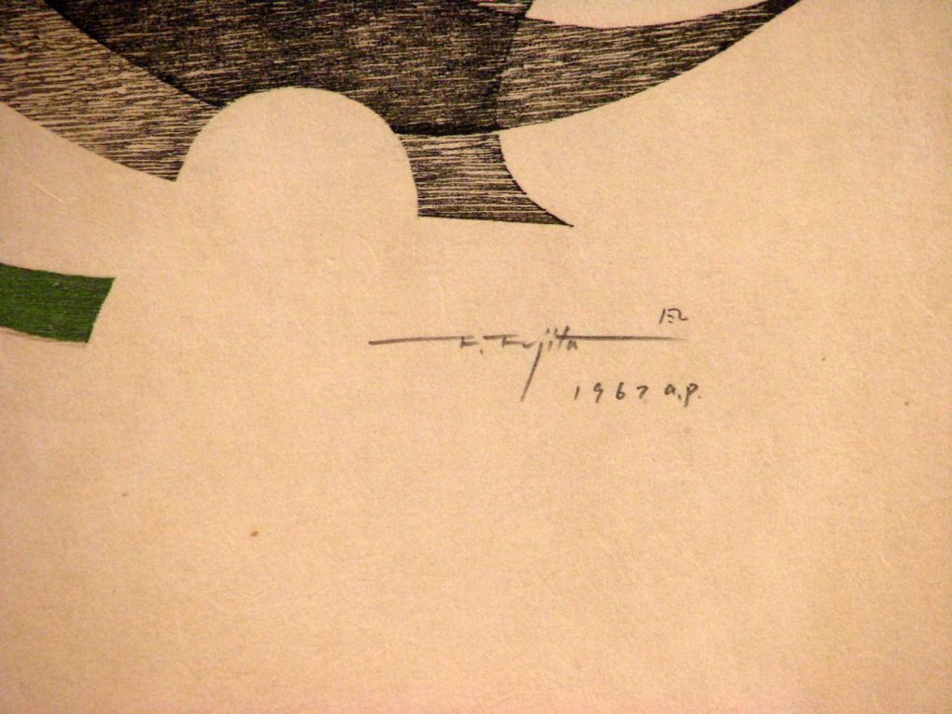 "Informel", Papierarbeit, u.re.sig., F.FUJITA, dat. 1967 a.p., ca. 29x41cm, Glasrahmen - Bild 2 aus 2