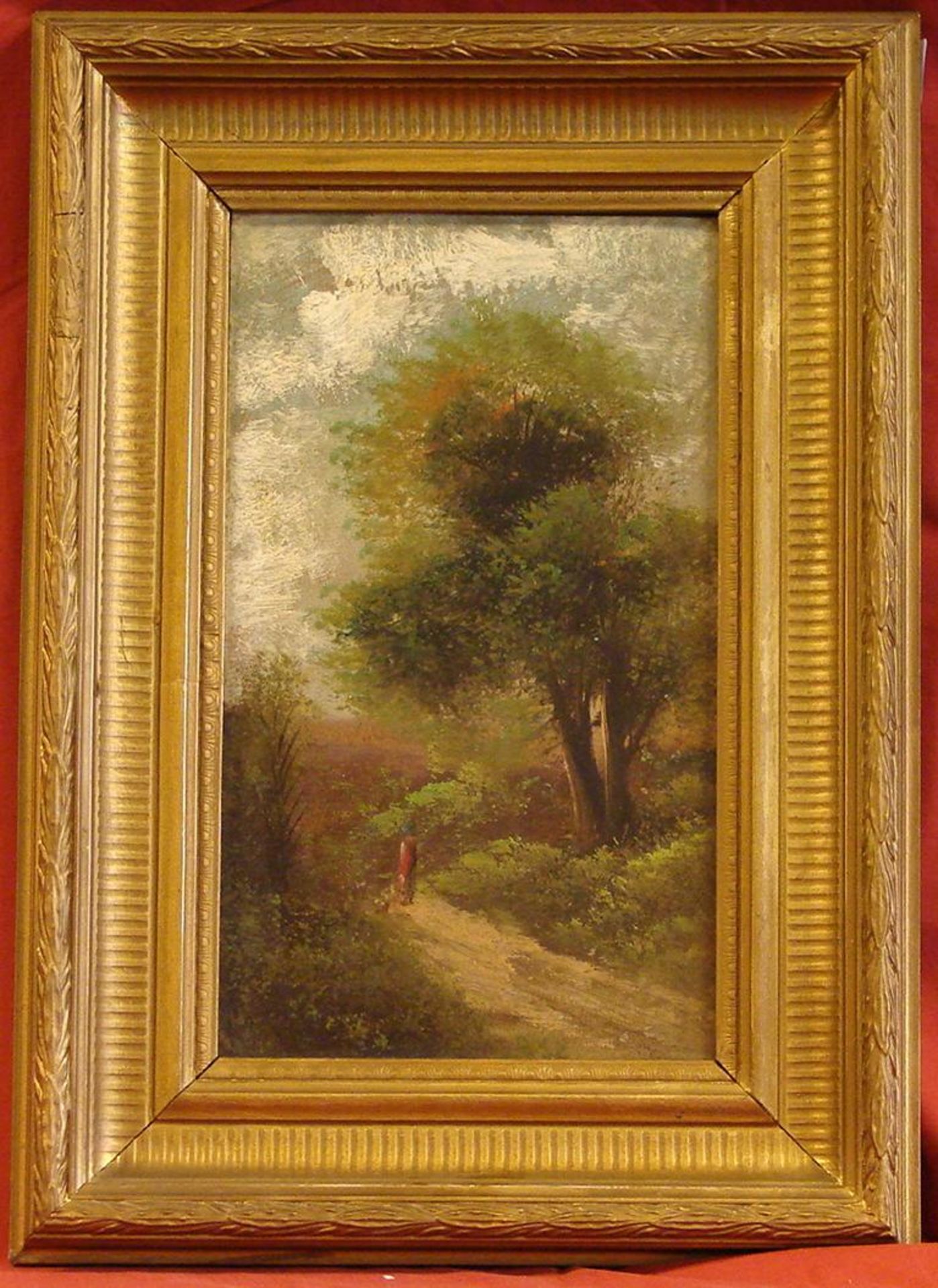 "Waldweg", Öl/Holz, unleserlich signiert, ca. 27 x 16 cm
