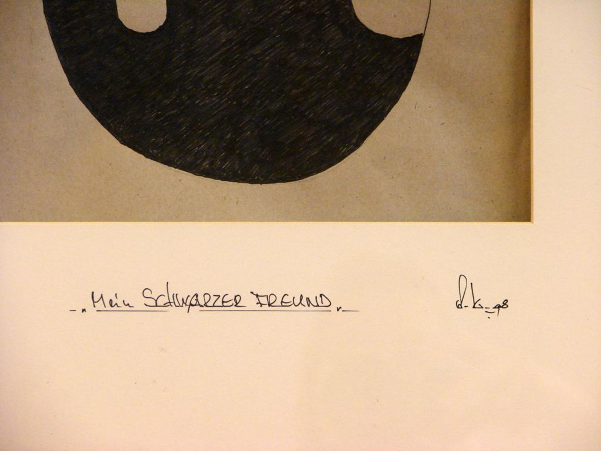 "Mein schwarzer Freund", Stift auf Pappe, u.re.unleserlich sig., ca. 29x39 cm, Glasrahmen - Bild 2 aus 2