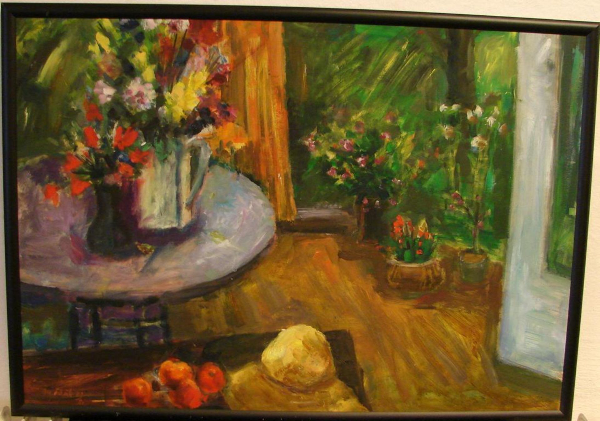 M. SCHULZ, "Tisch mit Blumenstrauß", ÖL/Hartfaser, u.li.sig., dat.89/90, ca. 100 x 70 cm