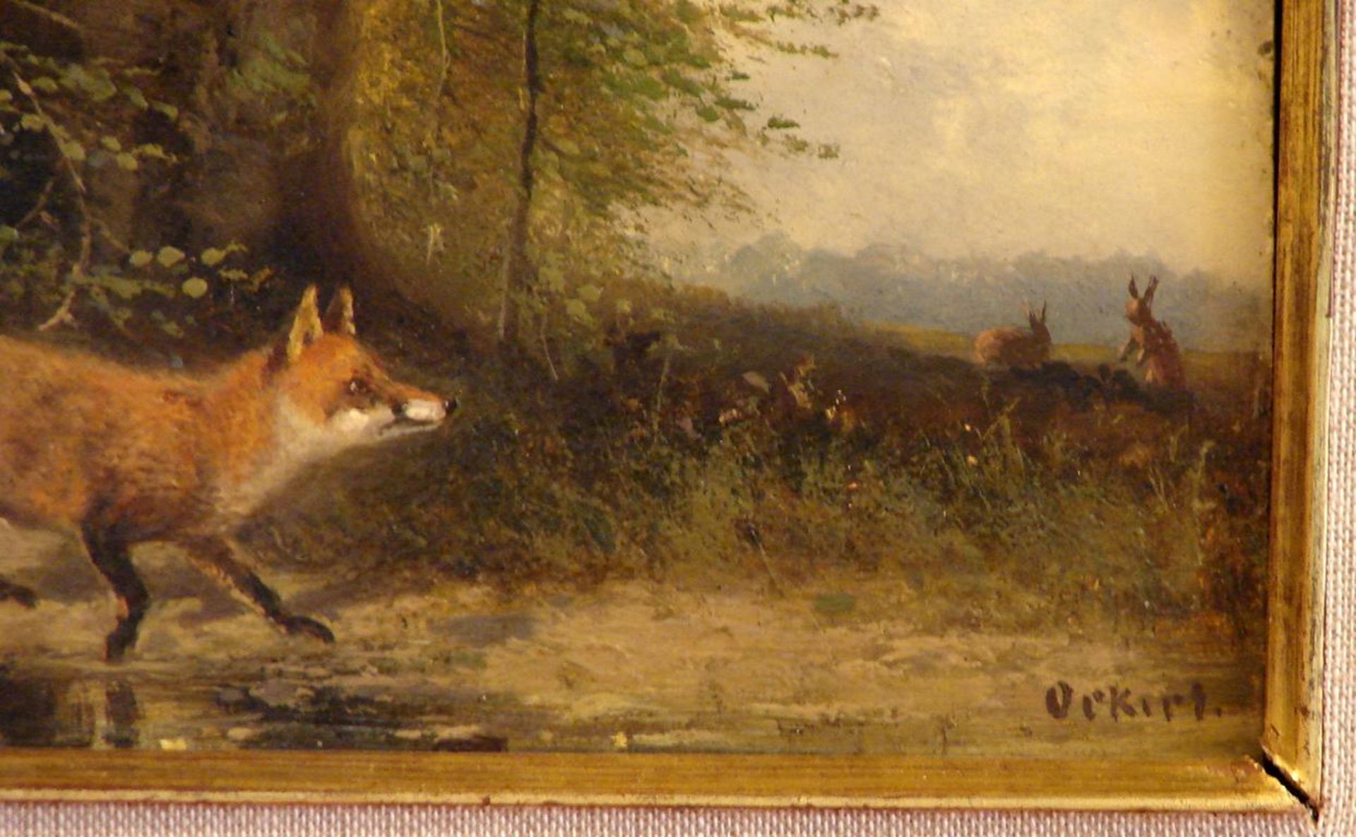 "Fuchs", Öl/Hartfaserplatte, u.re.unleserlich sig., ca. 12,5 x 25 cm "Fuchs", Öl/Hartfaserplatte, - Bild 2 aus 2