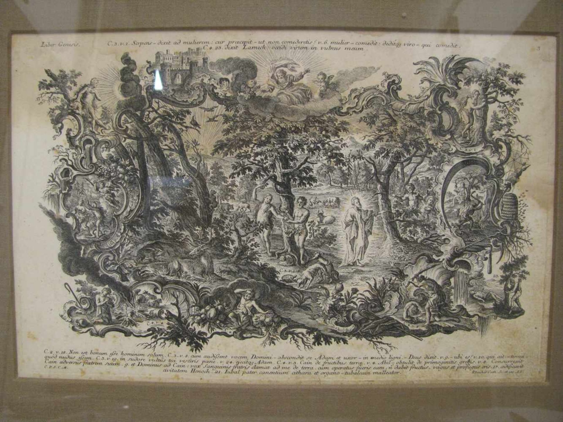 Stich, 18. Jahrhundert, "Adam und Eva im Paradiesgarten", Cath. Klauber, 21 x 32 cm, R.