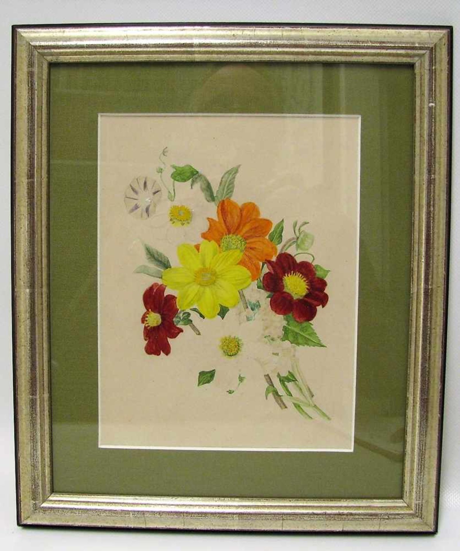 Unbekannt, um 1900, "Stillleben mit bunten Blumen und Wicken", Aquarell, 23,5 x 18 cm, R.