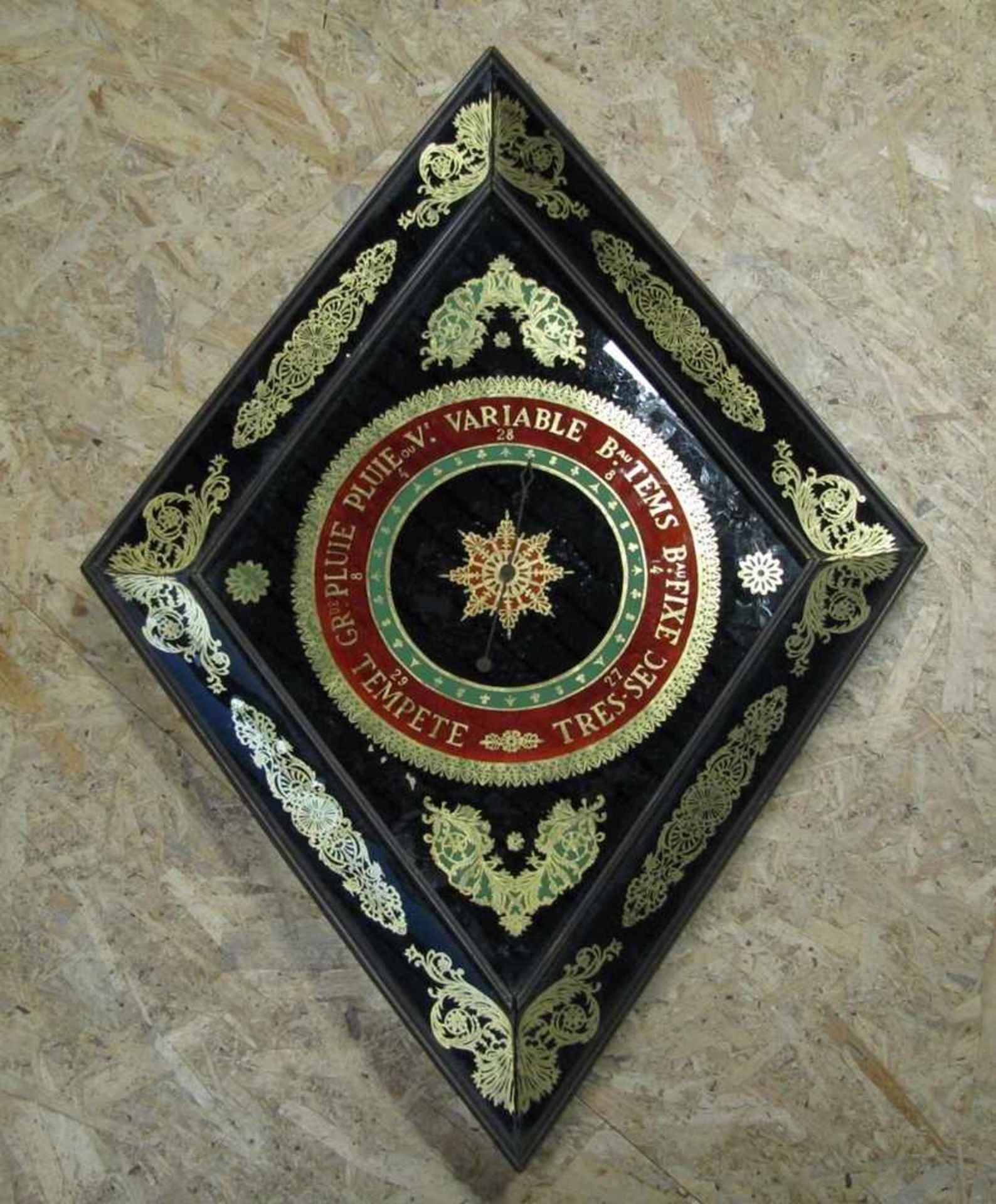 Barometer, Frankreich, um 1900, farbiges Hinterglasdekor, 98 x 70 x 7,5 cm.