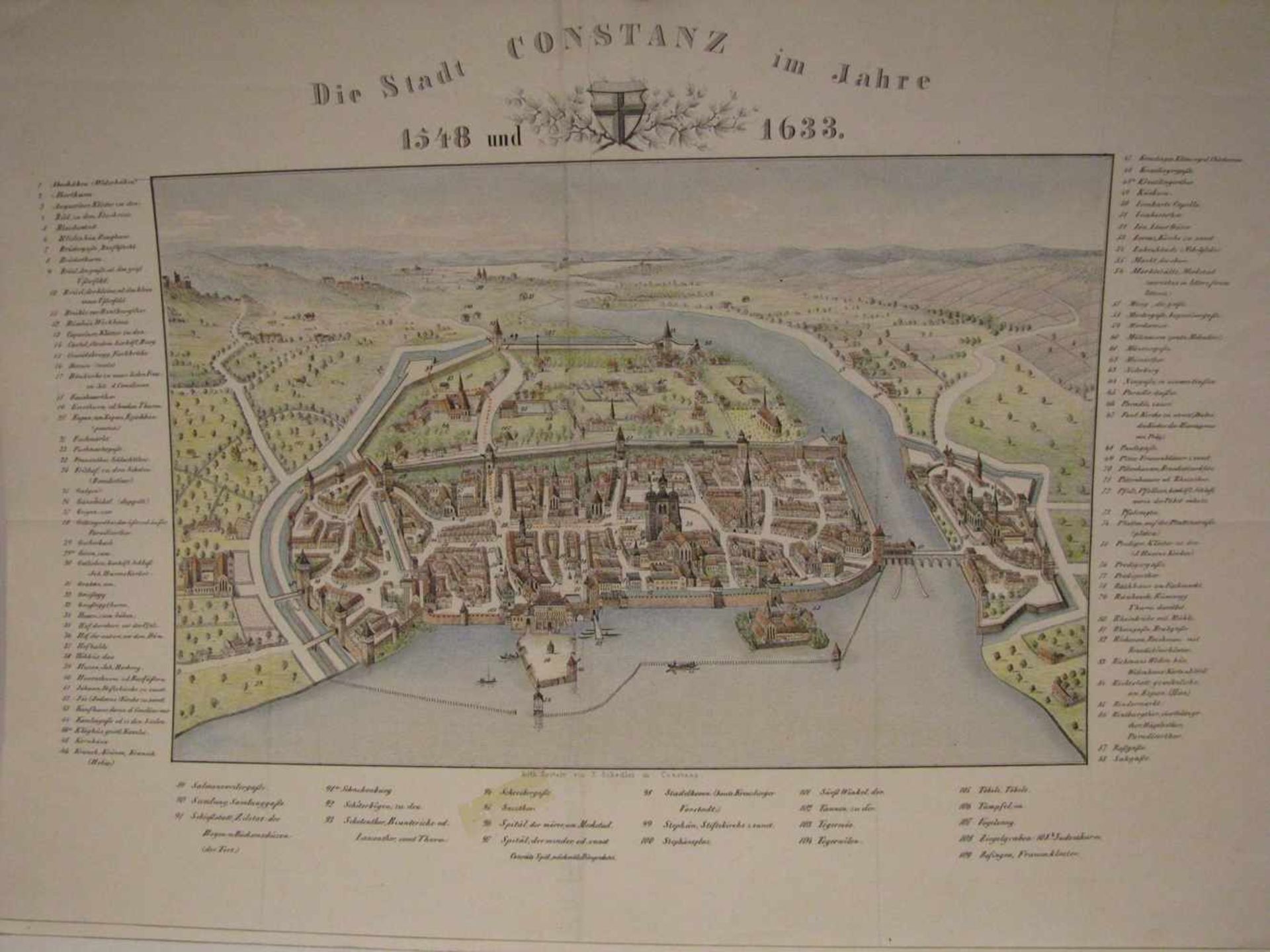 Lithografie, J. Schädler, "Die Stadt Konstanz im Jahre 1548 und 1633", 34 x 48 cm, o.R.<