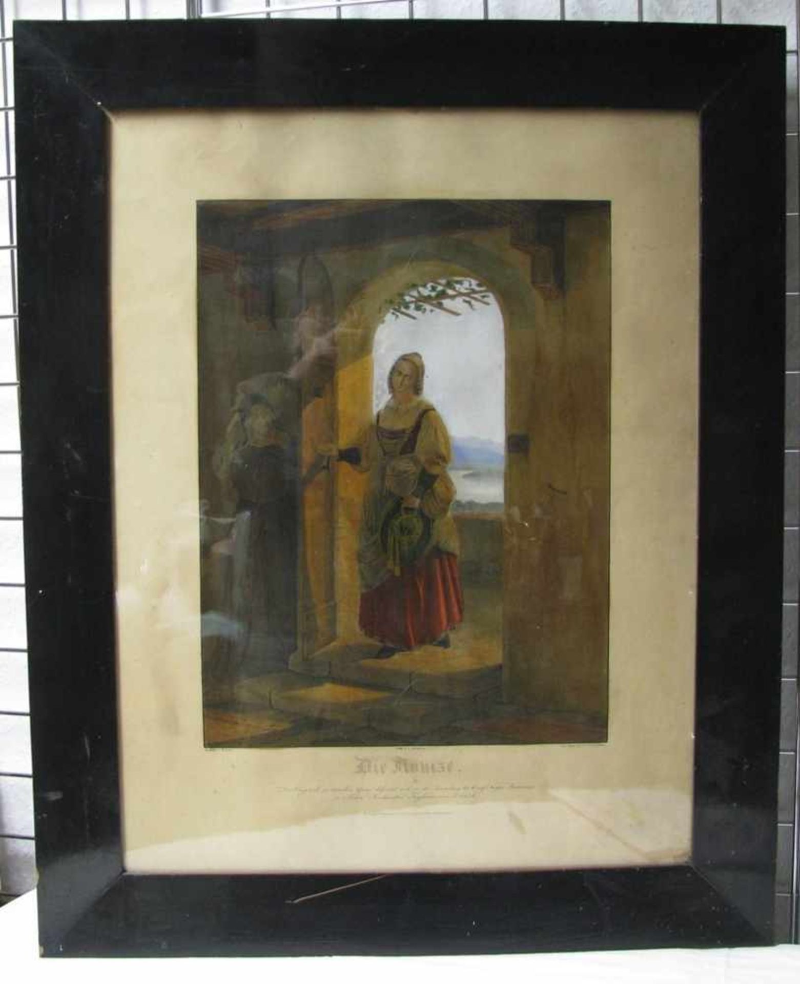 Biedermeier Lithografie, 19. Jahrhundert, "Die Novize", 51 x 39 cm, Biedermeier Rahmen.