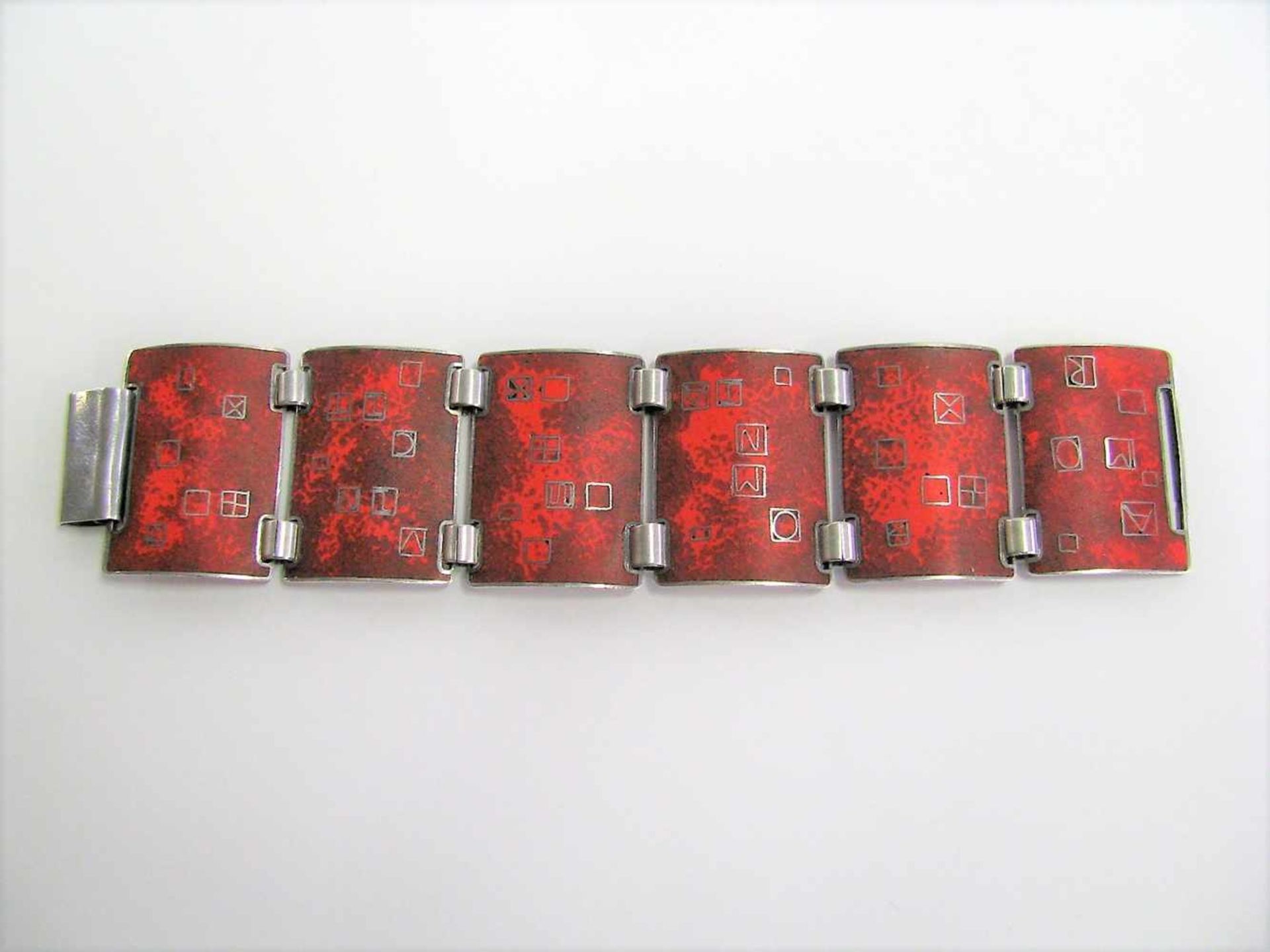 Designer-Armband, 1960er Jahre, 6 gewölbte Silber-Zierglieder, mattes Email (Stegemaille),
