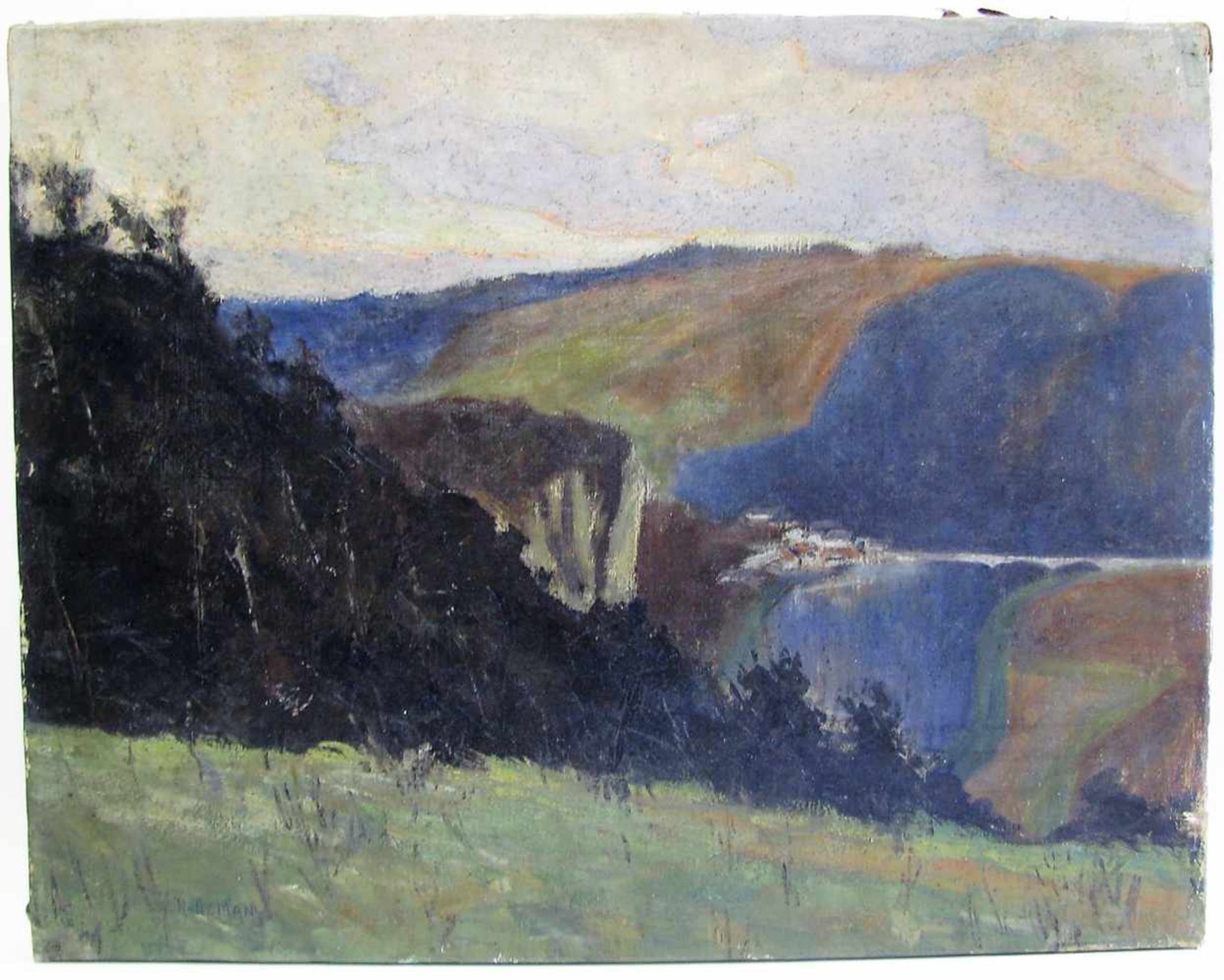 Man, Rene de, 1875, "Bergige Landschaft" , li.u.bez., Öl/Leinwand, 52 x 66 cm, o.R.