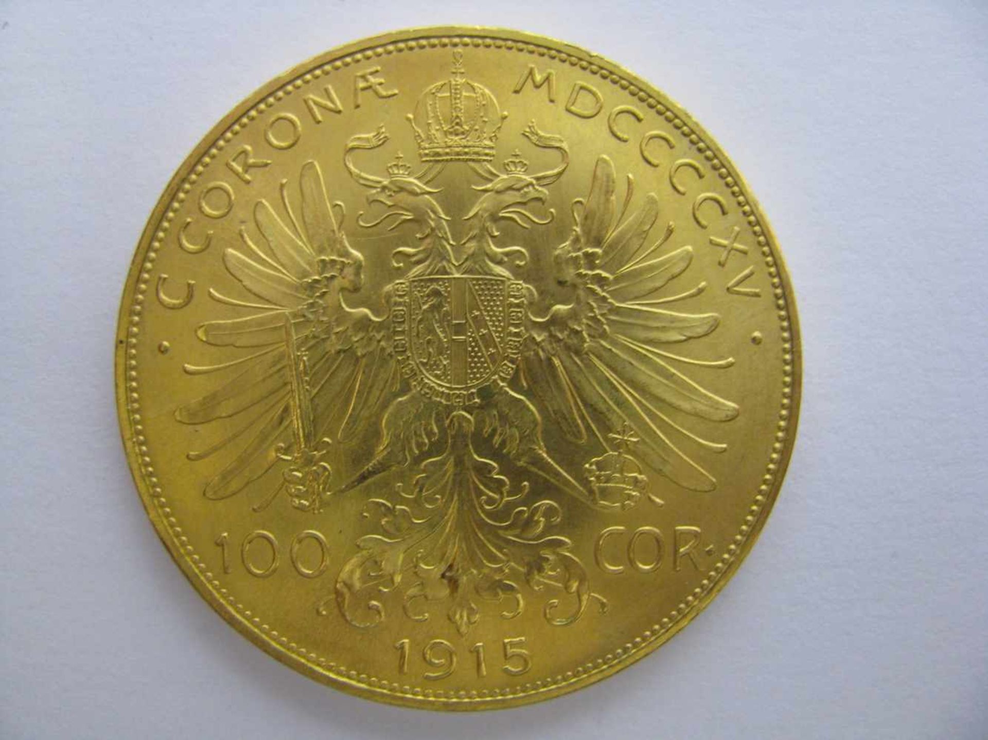 Goldmünze, Österreich, 100 Kronen, 1915, Kaiser Franz Joseph I. von Österreich-Ungarn, 900er Gold, - Bild 2 aus 3