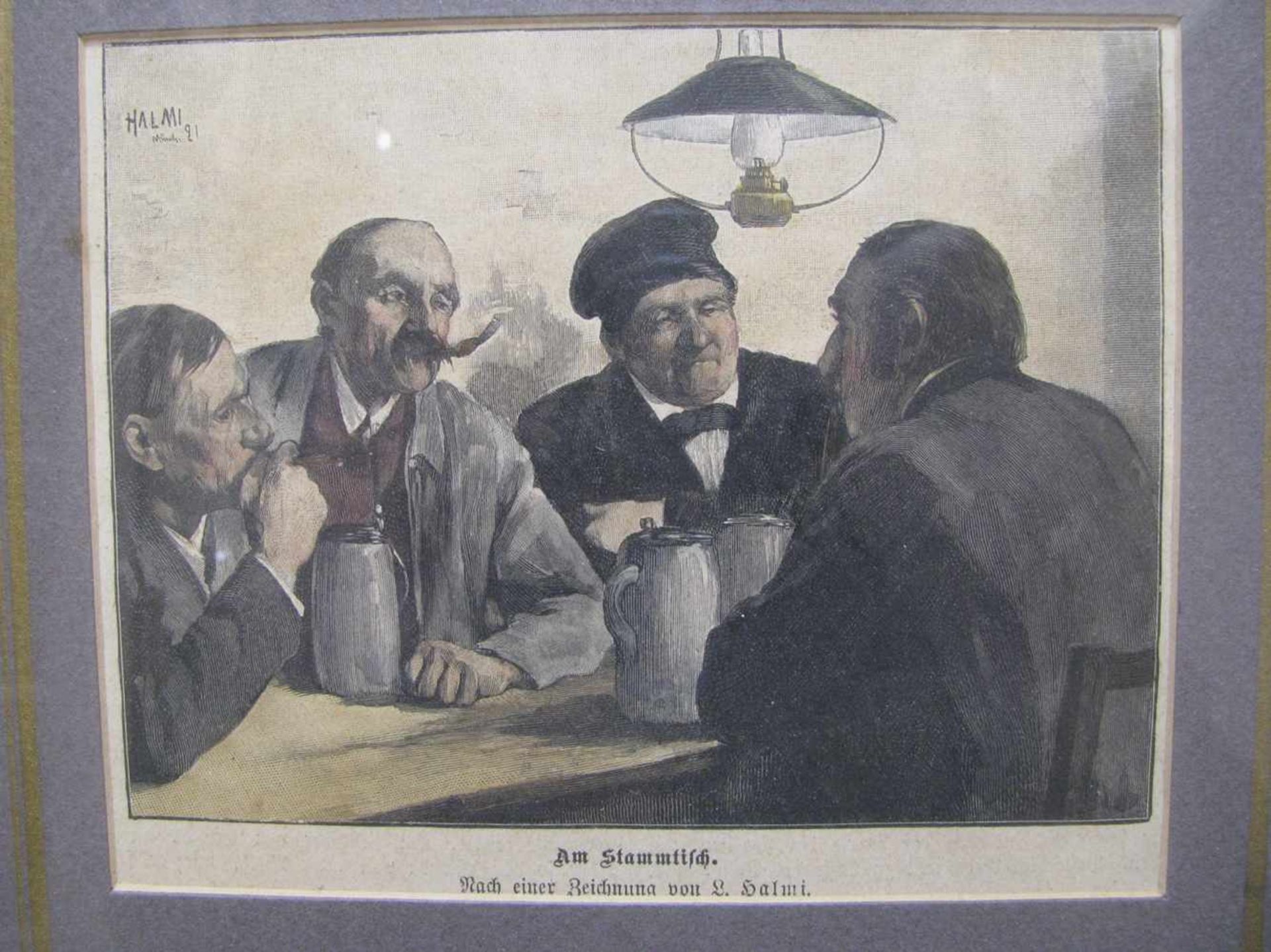 Holzstich, um 1900, "Am Stammtisch", 12 x 14,5 cm, vergoldeter Stuckrahmen. - Bild 2 aus 2