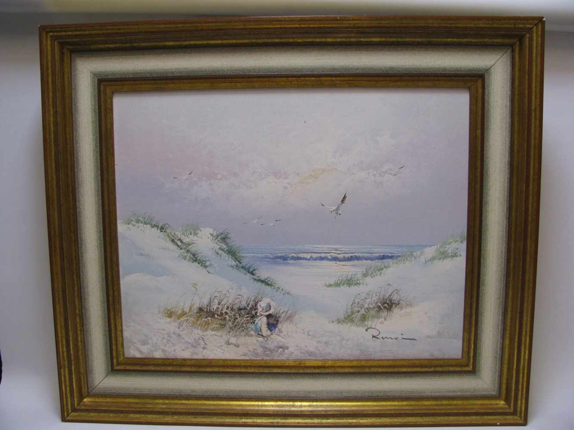 Renei, "Mädchen am Strand", re.u.sign., Öl/Malpappe, 35 x 43 cm, R.