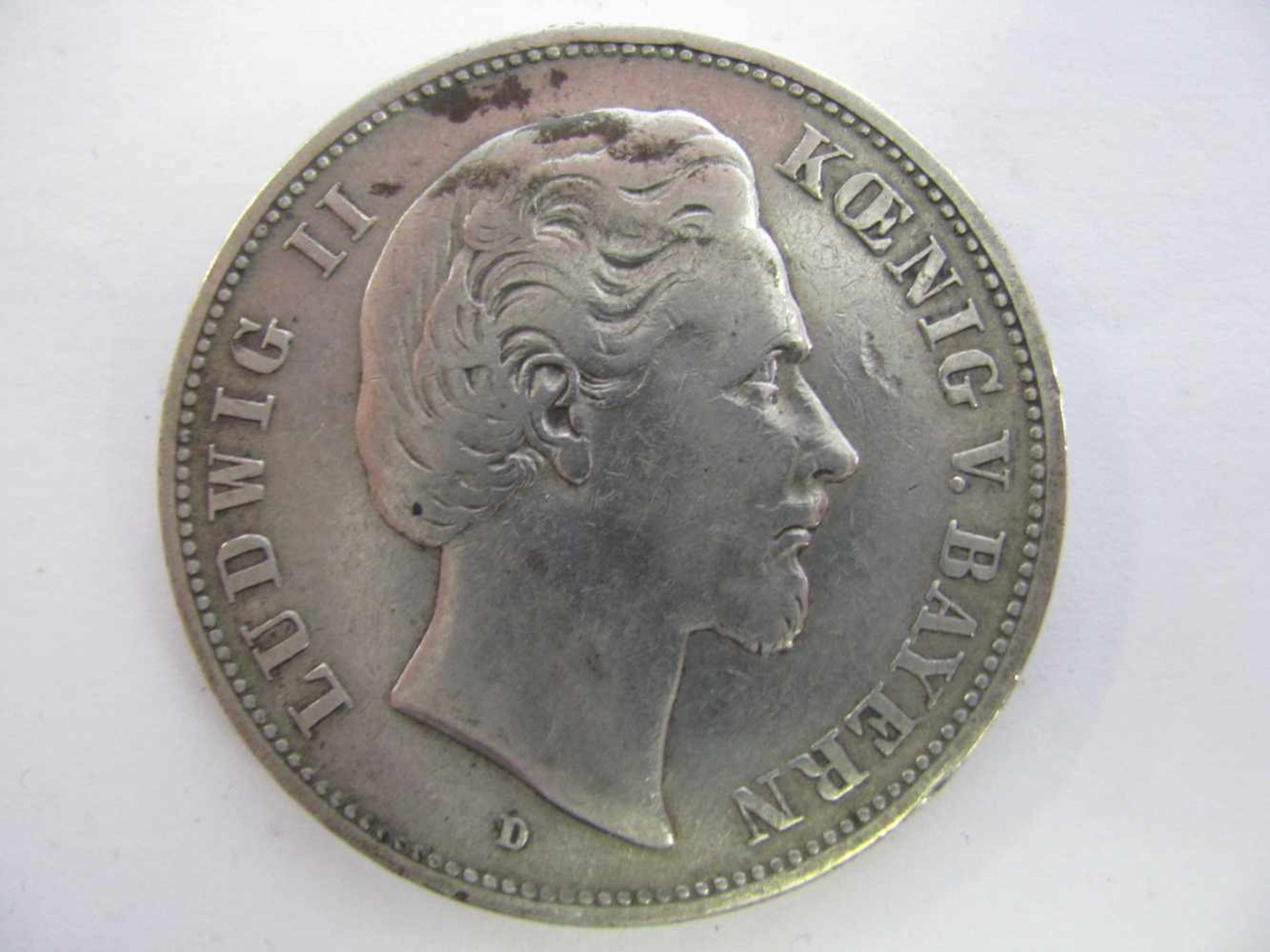 Silbermünze, 5 Mark, Ludwig II König von Bayern, Deutsches Reich, 1876 D, 27,4 g, d 3,8 cm.