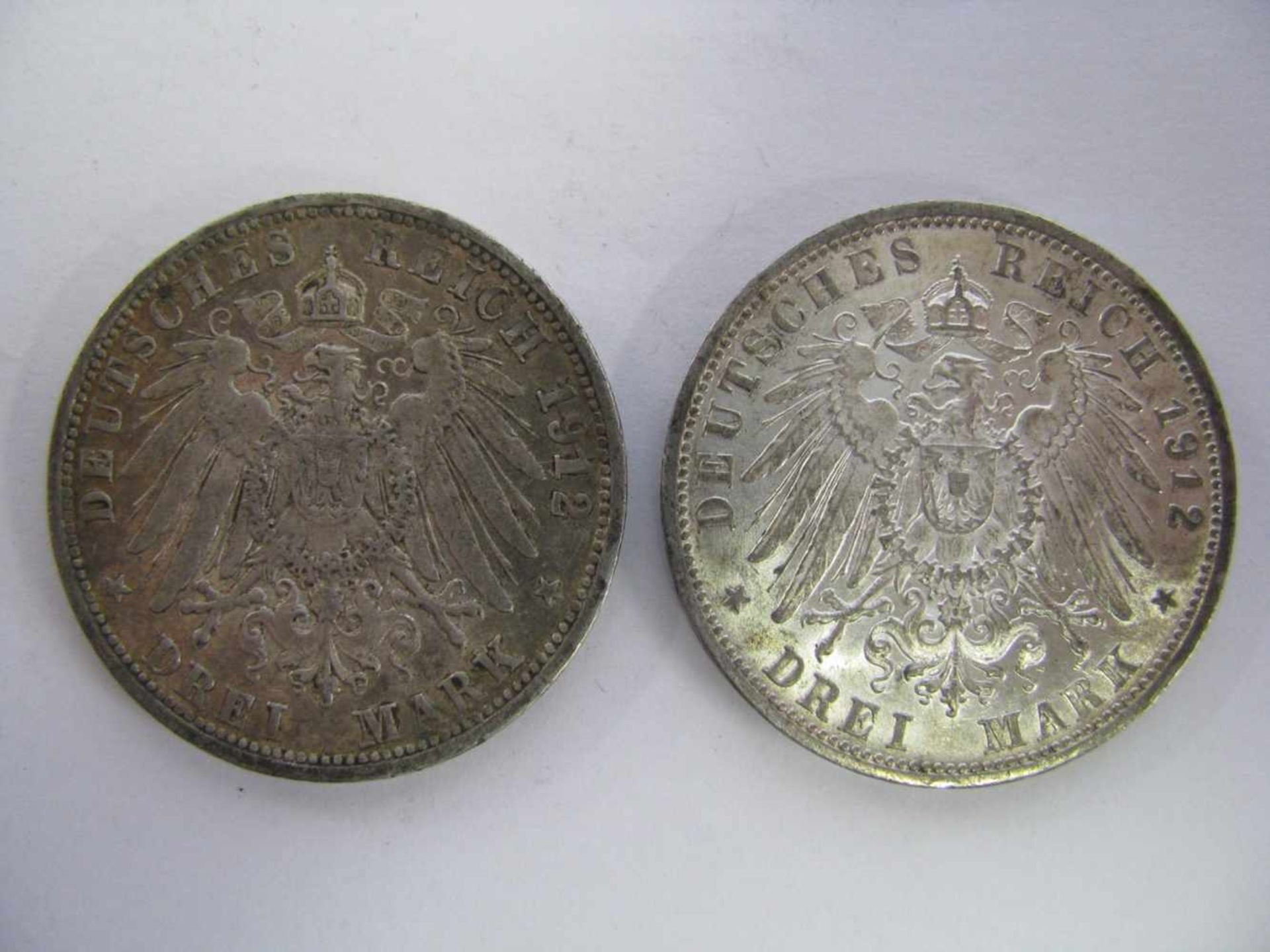 2 Silbermünzen, 3 Mark, Wilhelm II König von Württemberg, Deutsches Reich, 1912 F, 900er Silber, - Bild 2 aus 2