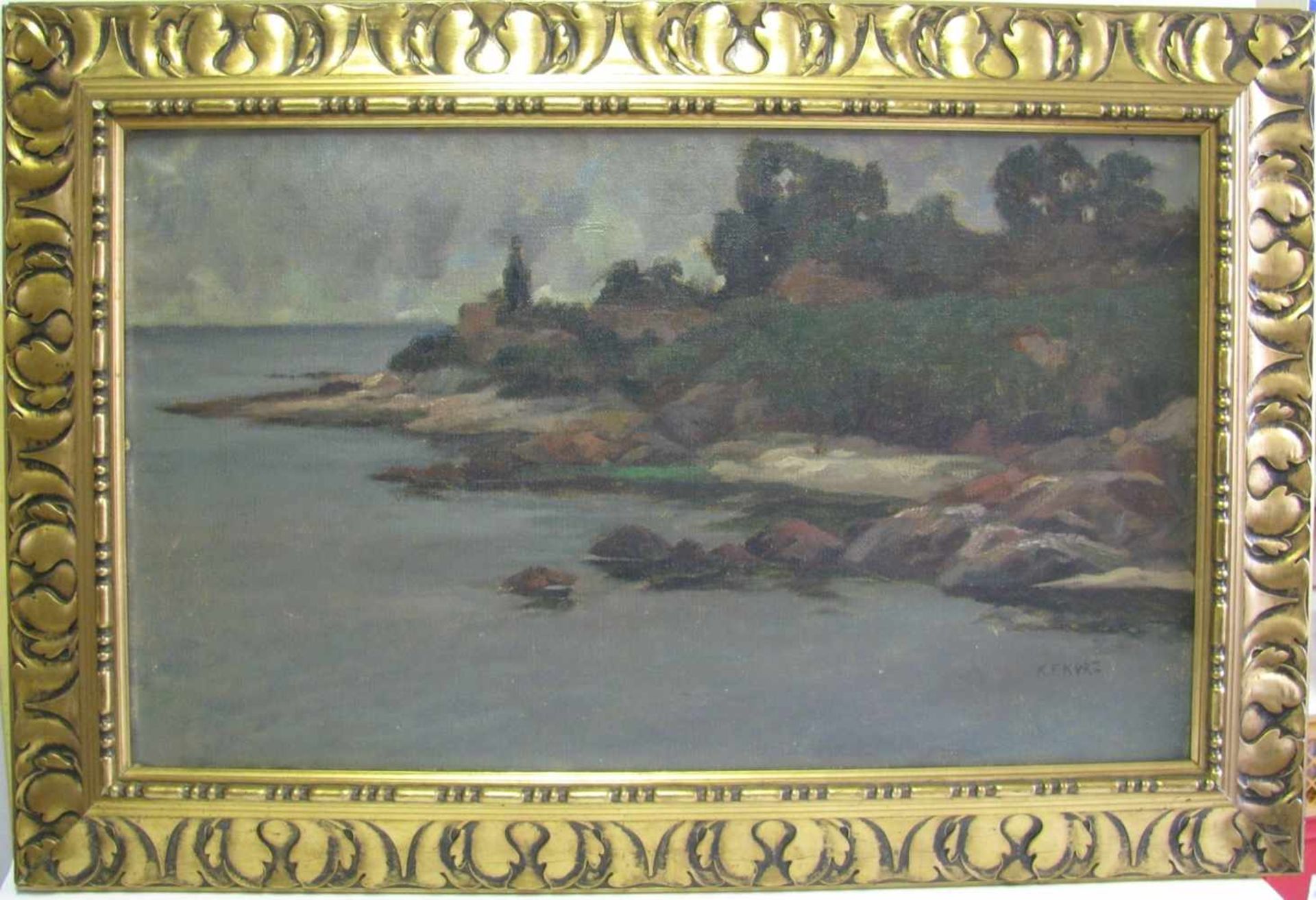Kurz, K. Fritz, "Strandansicht auf Korsika - Sommer 1905", re.u.sign., Öl/Malerpappe, 41 x 70 cm,