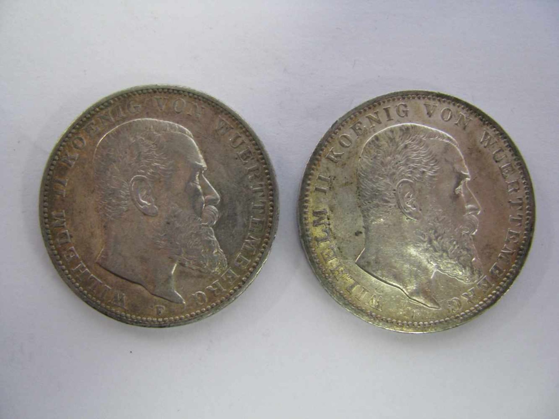 2 Silbermünzen, 3 Mark, Wilhelm II König von Württemberg, Deutsches Reich, 1912 F, 900er Silber,