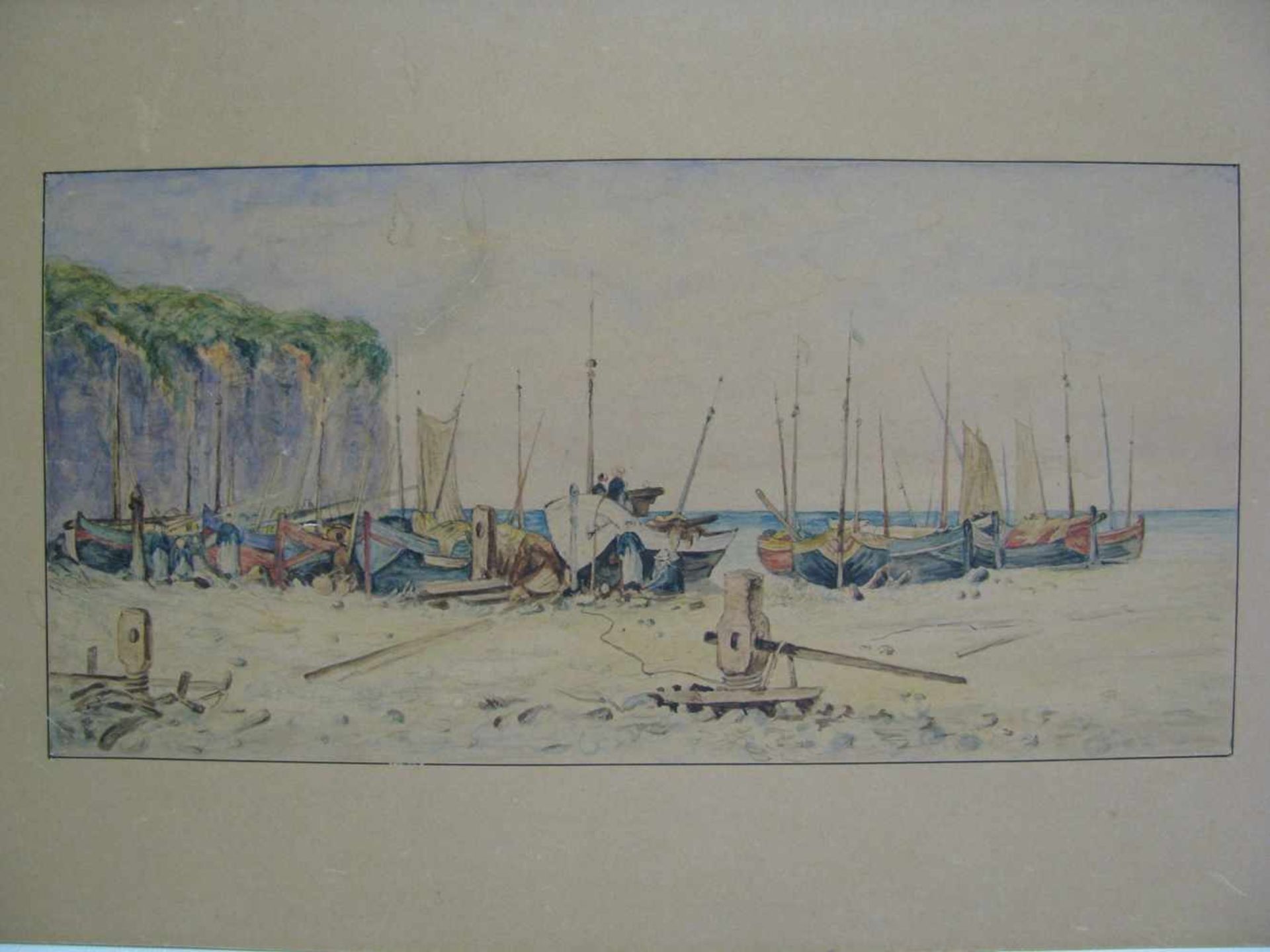 Unbekannt, 19. Jahrhundert, "Fischerboote am Strand", 16,6 x 33,5 cm, o.R.