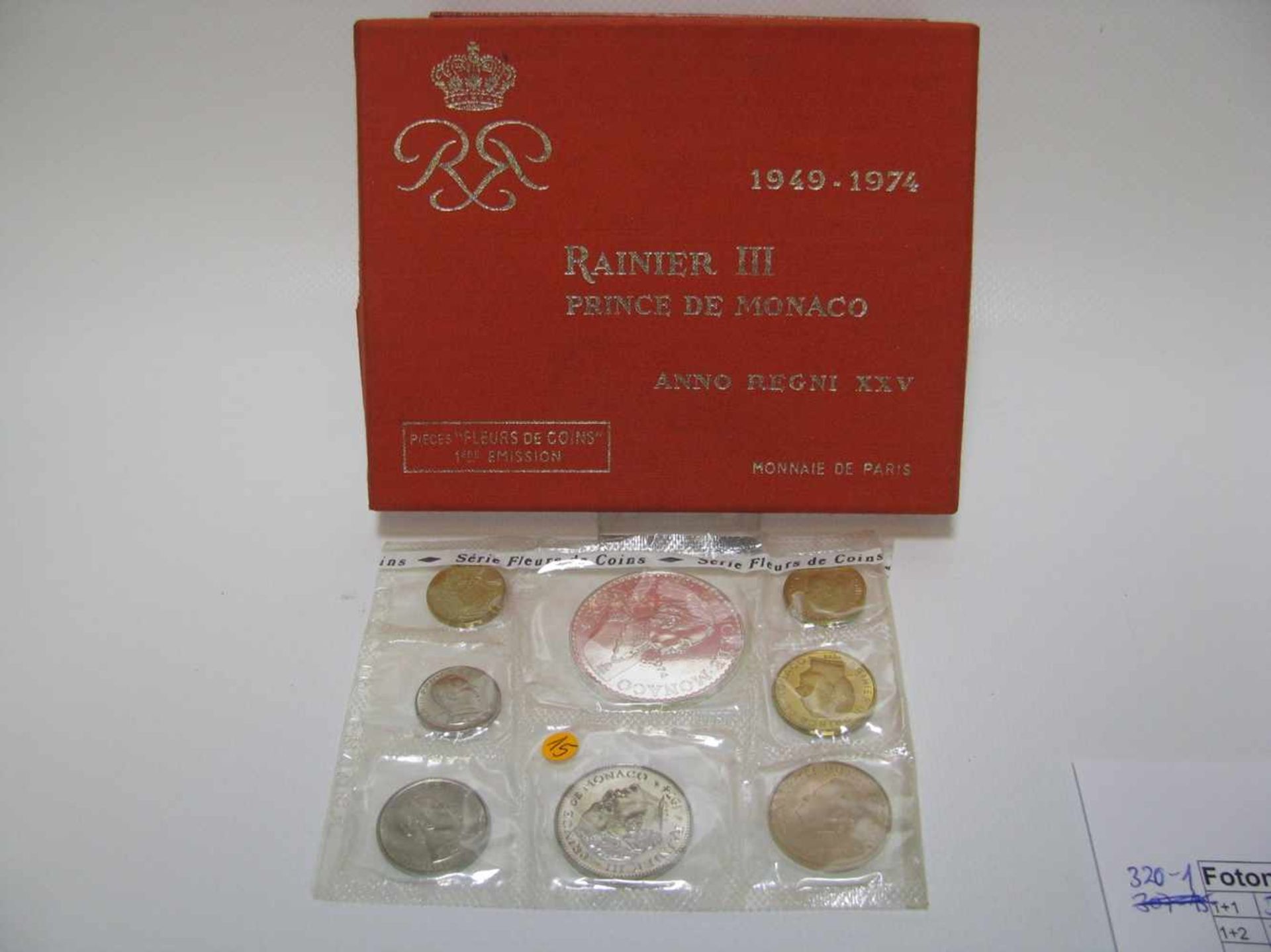 Münzsatz mit 8 Münzen, Rainier III. Fürst von Monaco, 25-jähriges Jubiläum, 1949 - 1974, Erstauflage