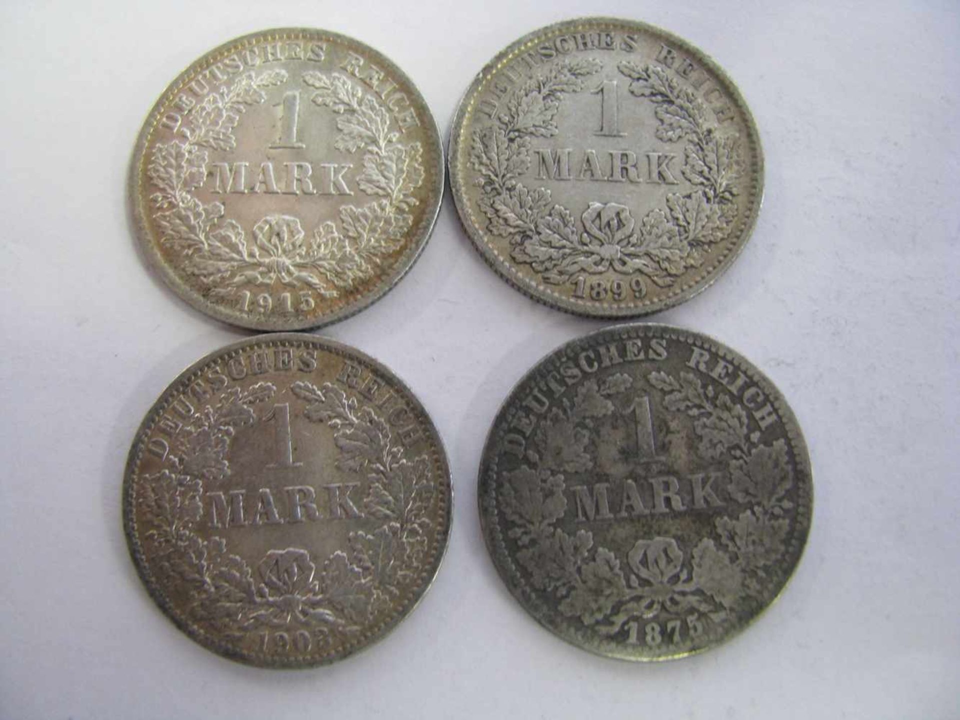 4 Silbermünzen, 1 Mark, Deutsches Reich, 1875/1899/1903/1915, zus. 21,8 g, d 2,4 cm. - Bild 2 aus 2