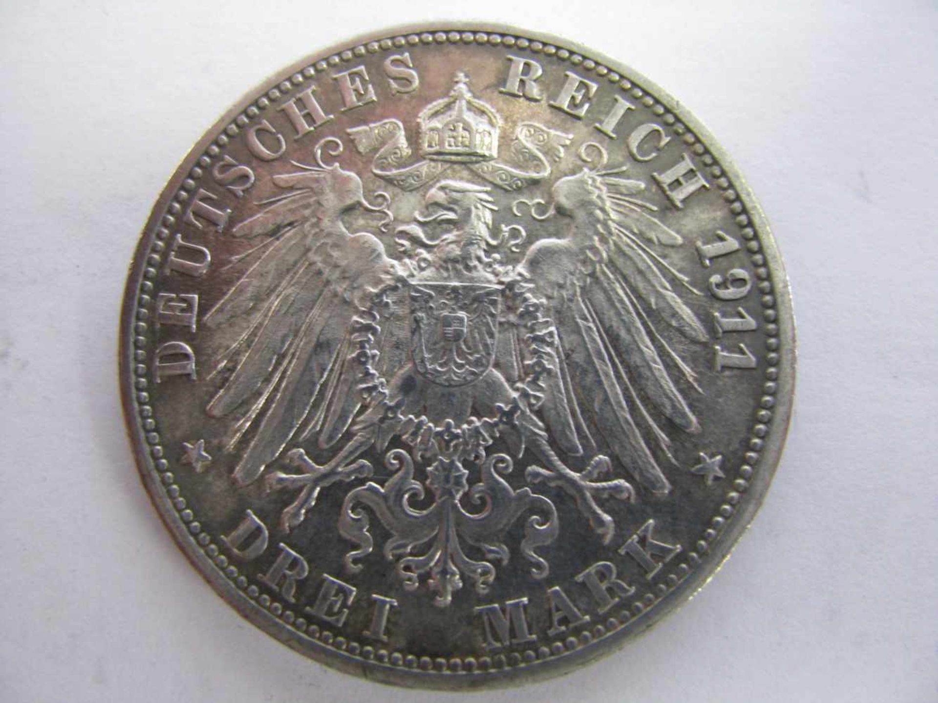 Silbermünze, 3 Mark, Wilhelm II und Charlotte von Württemberg, 1886 - 1911, Deutsches Reich, 1911 F, - Image 2 of 2