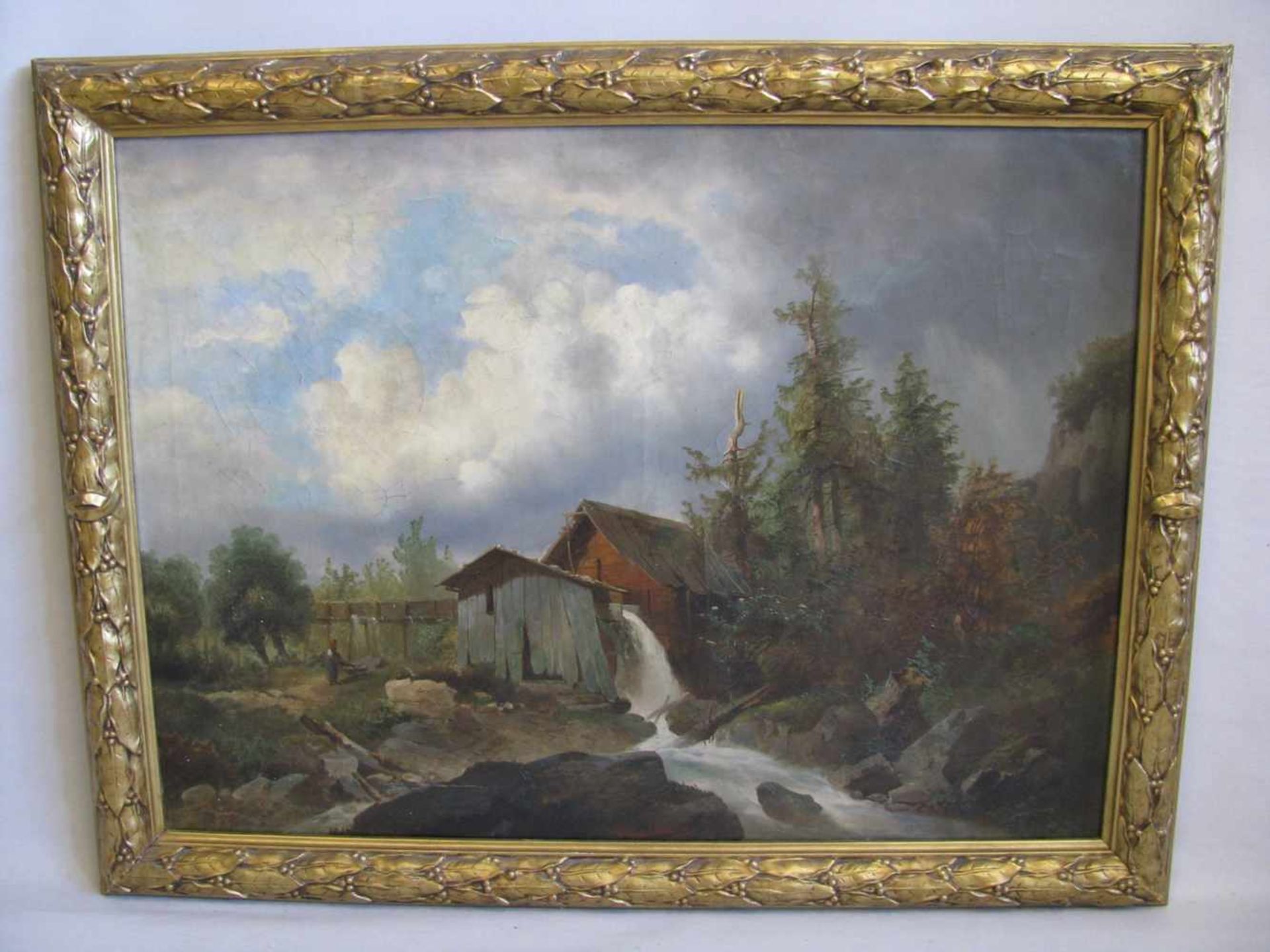 Hofman, T./J. (?), 19. Jahrhundert, "Bäuerin an der Wassermühle", li.u.sign., Öl/Leinwand, 74 x