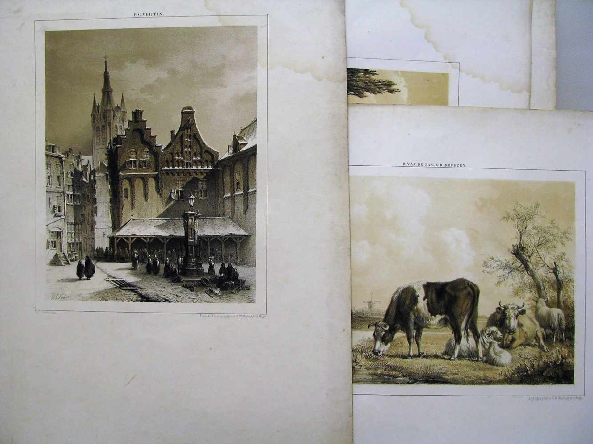 Konvolut von 14 Biedermeier Lithografien, 19. Jahrhundert, diverse Stadtansichten u.a., ca. 54 x