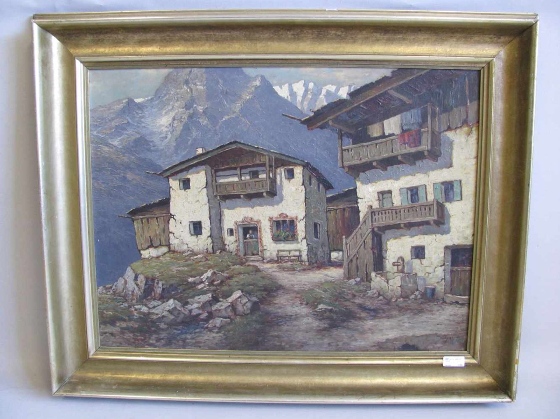 Thoy, W., "Bauernhäuser im Gebirge", re.u.sign., Öl/Leinwand, li.o. kl. Riss, 60 x 81 cm, R. (mit