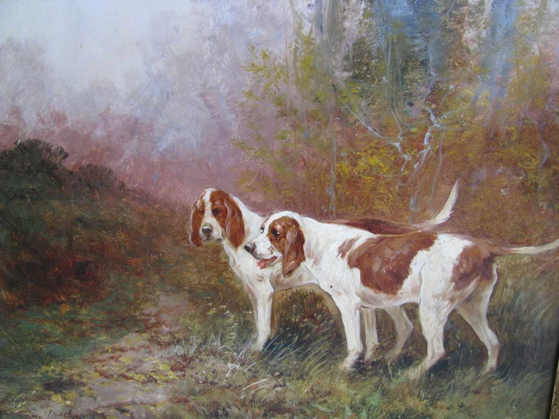Unles.sign., "Zwei Jagdhunde im Wald", li.u.unles.sign., Öl/Leinwand, 65 x 54 cm, R. - Bild 2 aus 3
