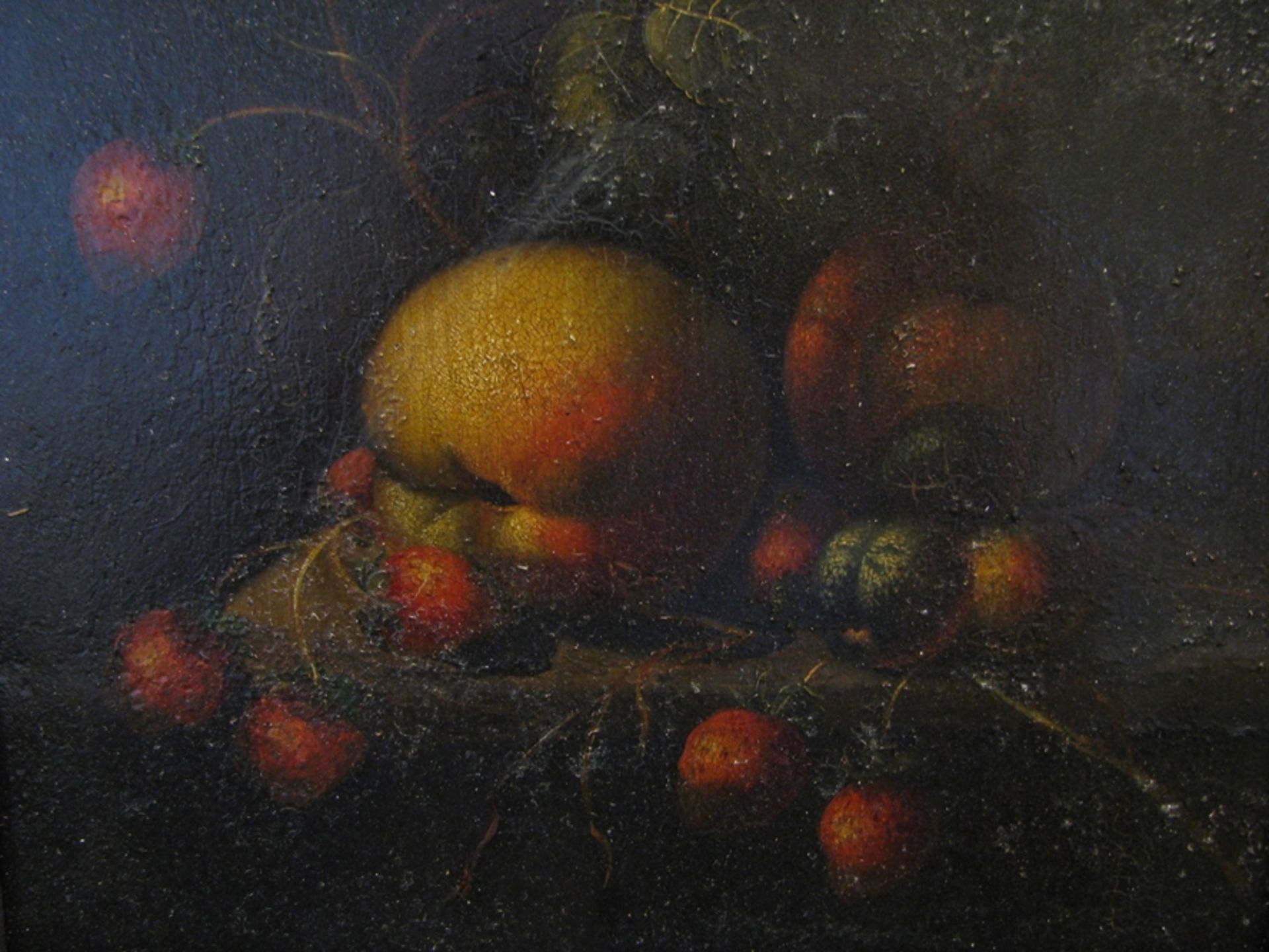 17./18. Jahrhundert, "Stillleben mit Pfirsichen und Erdbeeren", Öl/Blech, 26 x 22 cm, R. - Image 2 of 3