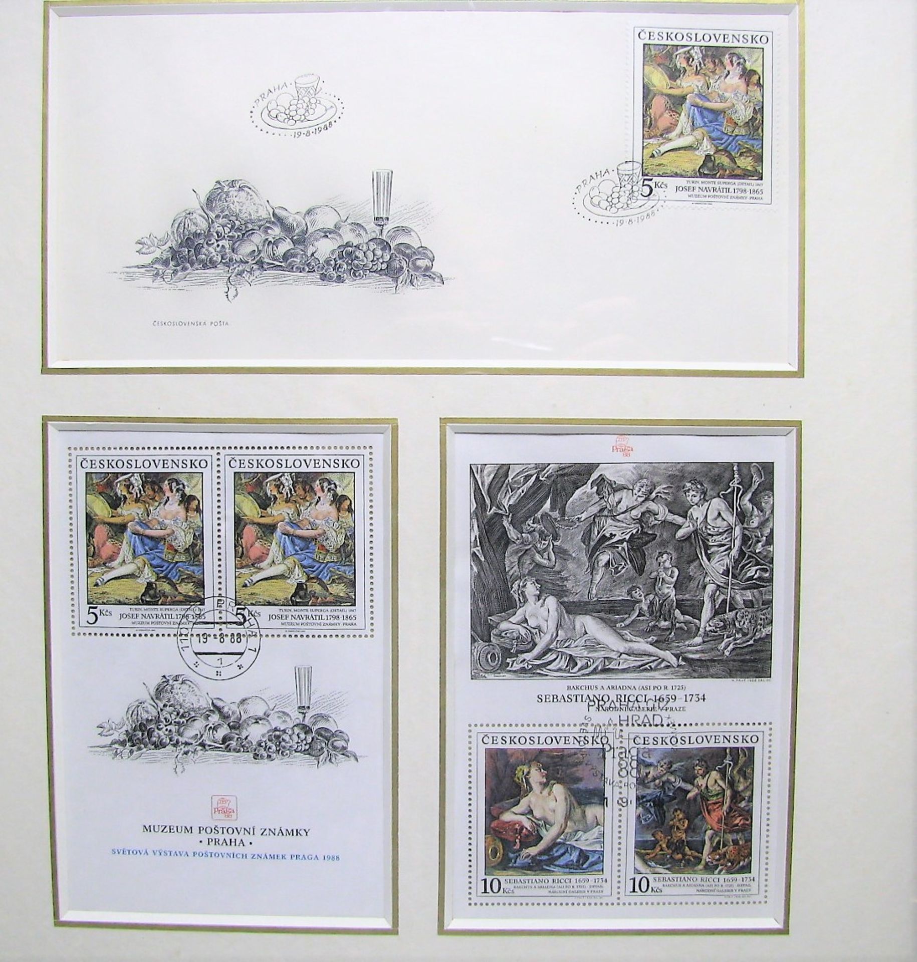 3 Briefmarken unter Glas im Rahmen, Tschechoslowakei, 1988, 51 x 43 cm.