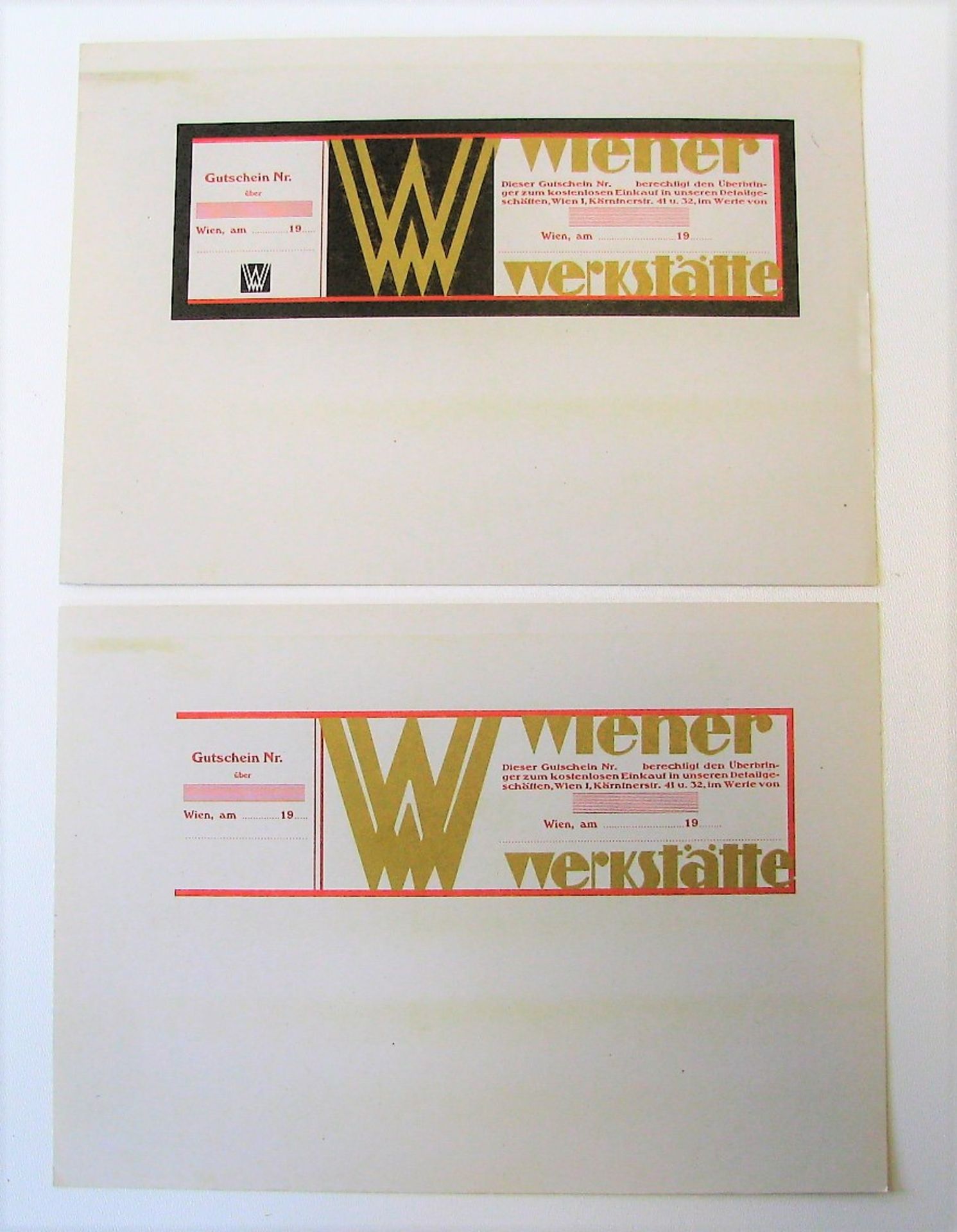 2 Probedrucke für seltenen Gutschein der Wiener Werkstätte, Entwurf von Maria Likarz-Strauss (1893 -