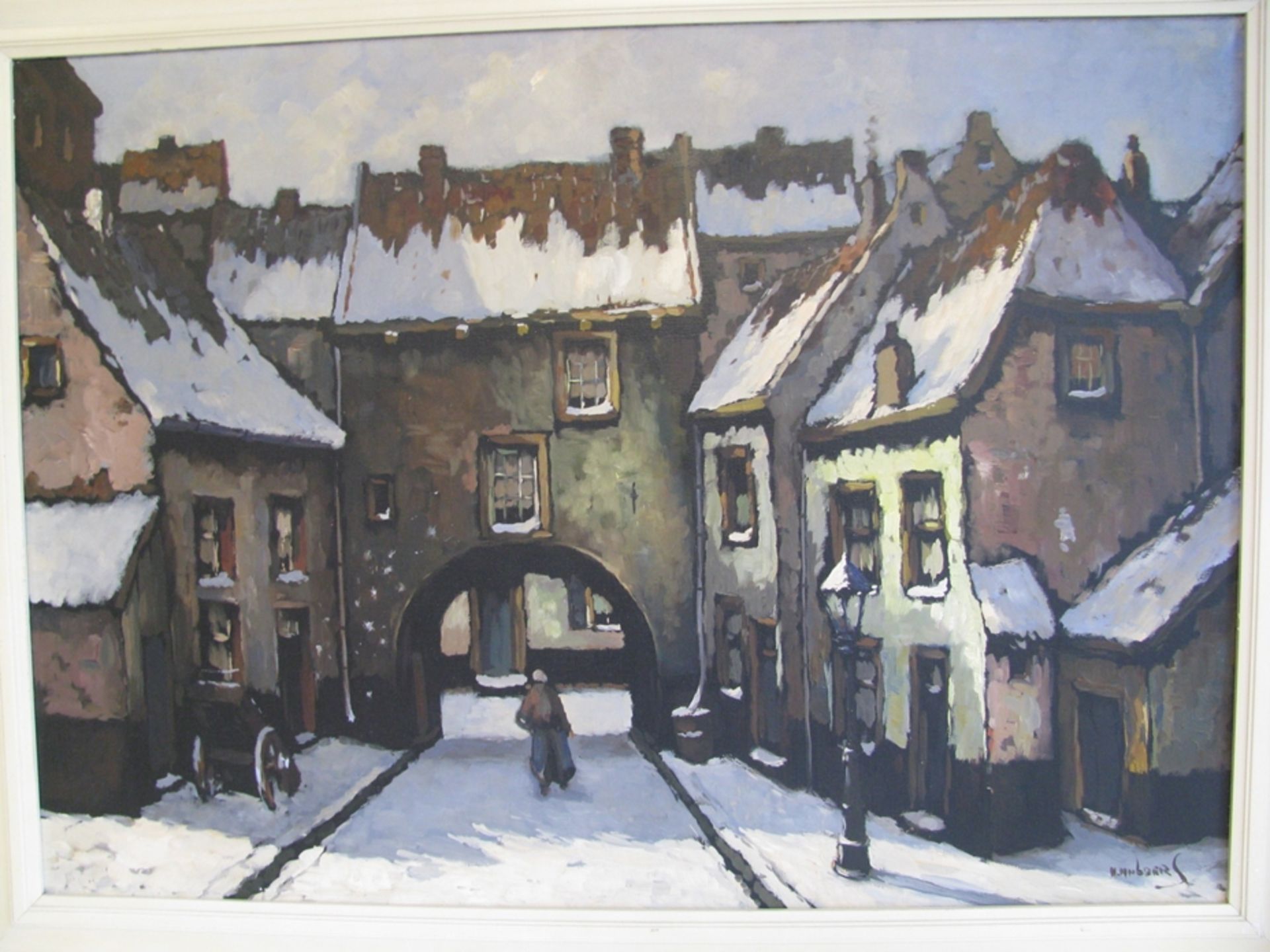 Huberg, H., "Winterliche Stadtansicht", re.u.sign., Öl/Leinwand, 50 x 70 cm, R.