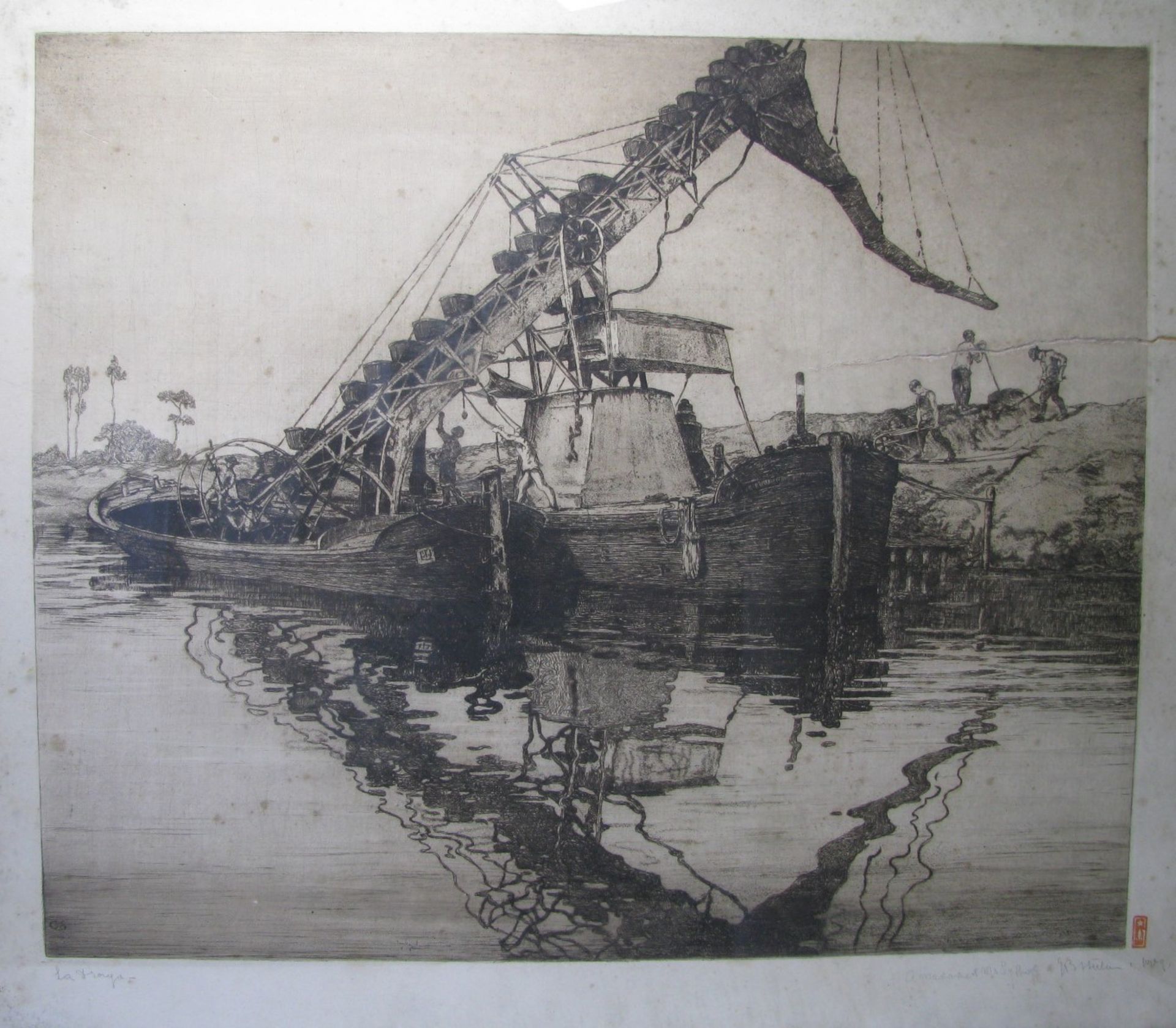 Unles.sign., "Lastschiffe am Ufer", Radierung, re.u.unles.sign., besch. und stockfl., 46x 56 cm, R.