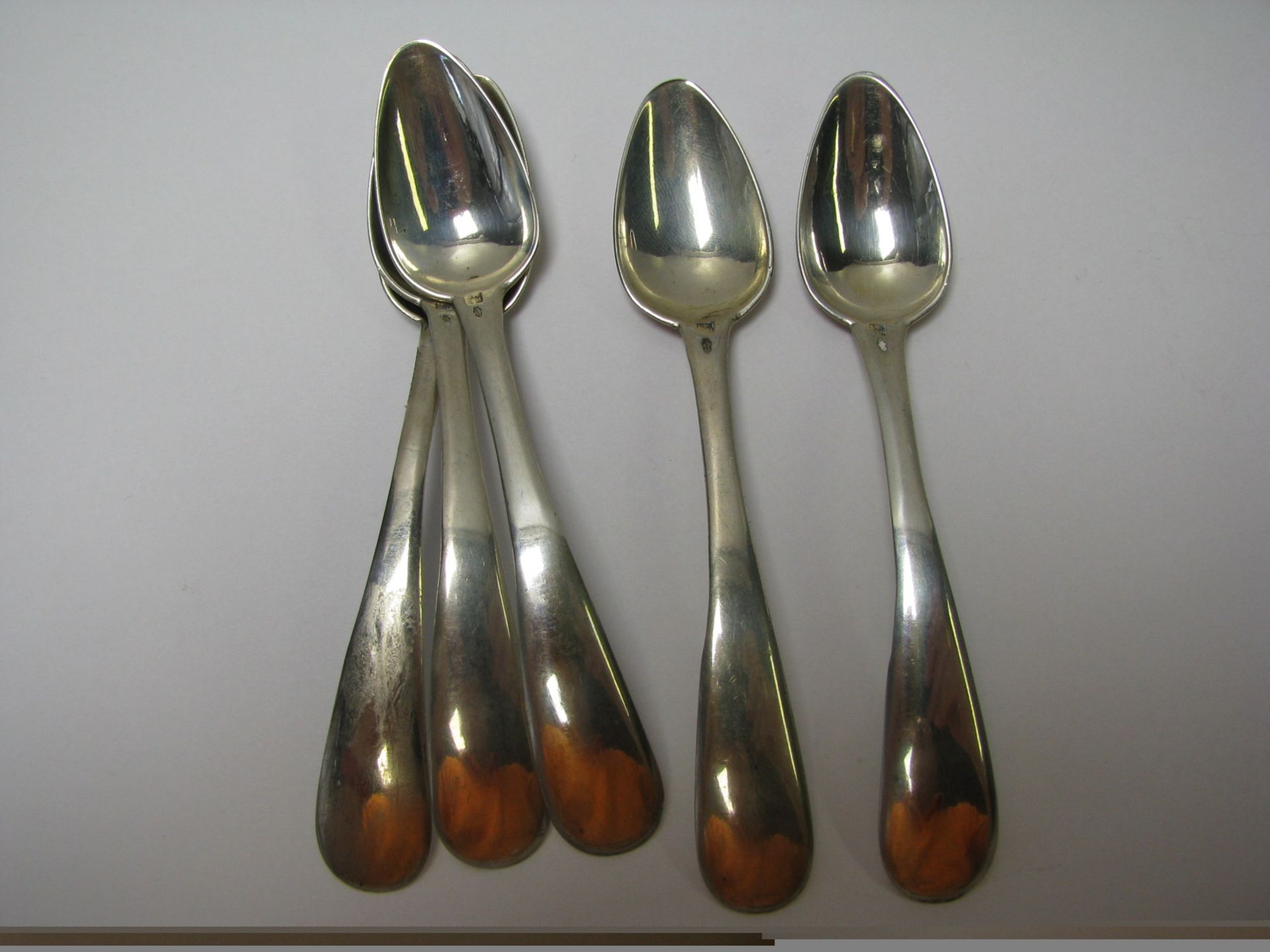 5 Kaffeelöffel, Biedermeier, 19. Jahrhundert, 835er Silber, gepunzt, 48 g, l 12 cm.