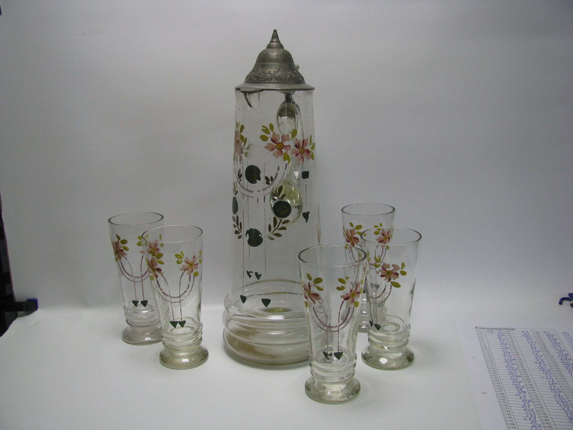 Henkelkrug mit 5 Gläsern, um 1890, farbloses Glas mit polychromer Emailmalerei, altersbedingte