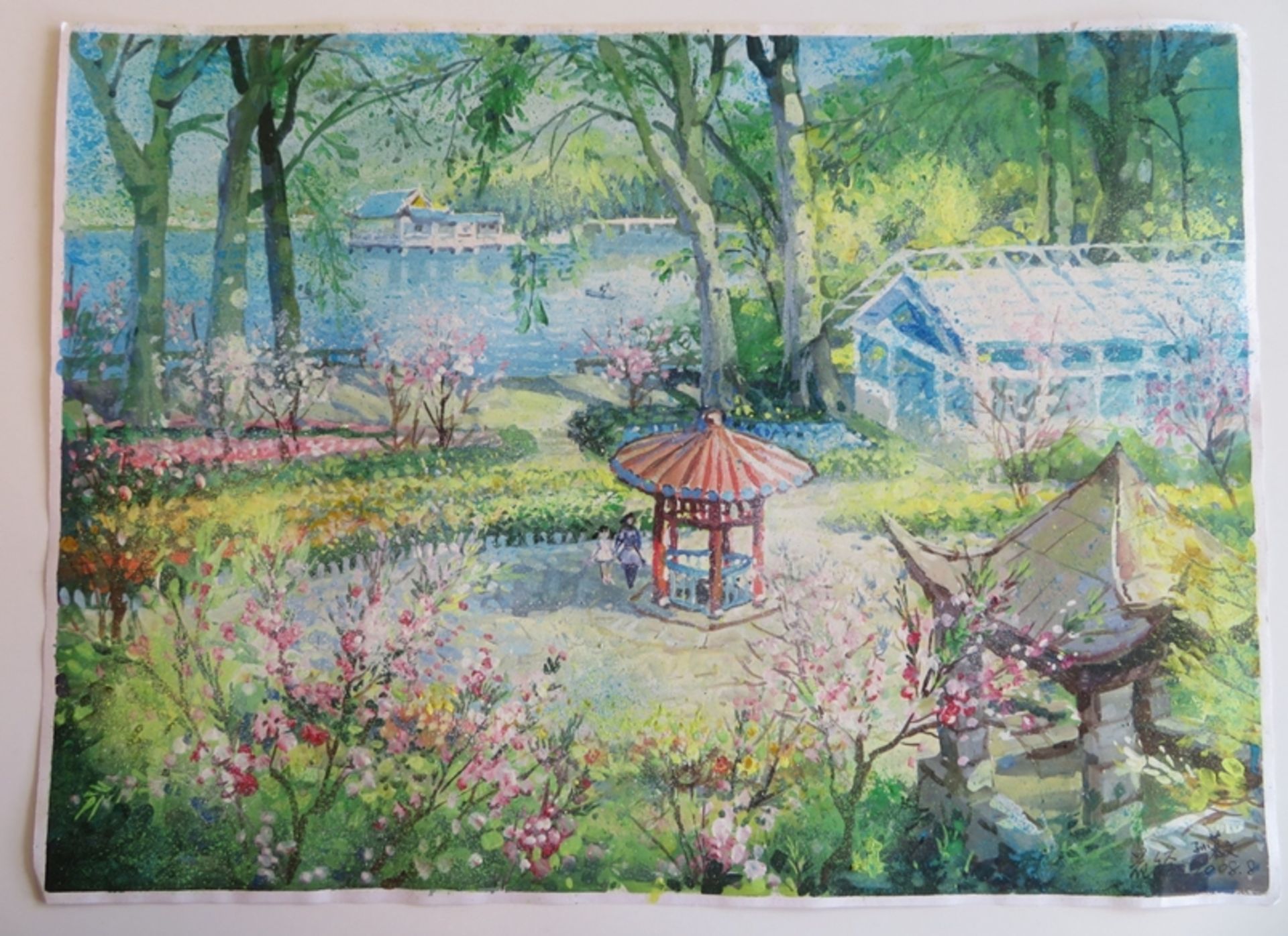 Unles.sign., "Sommerliche Gartenansicht in China", re.u.sign., Aquarell, 38 x 51,5 cm, o.R.