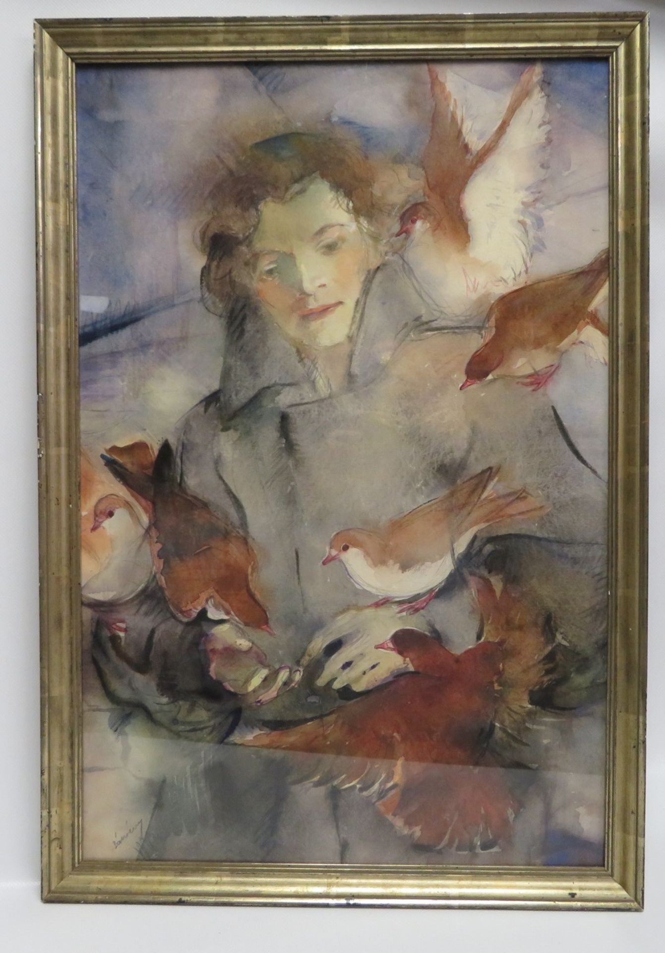 Unles.sign., wohl Frankreich, um 1900, "Mädchen mit Tauben", Bleistift/Aquarell, 59 x 40 cm, R.