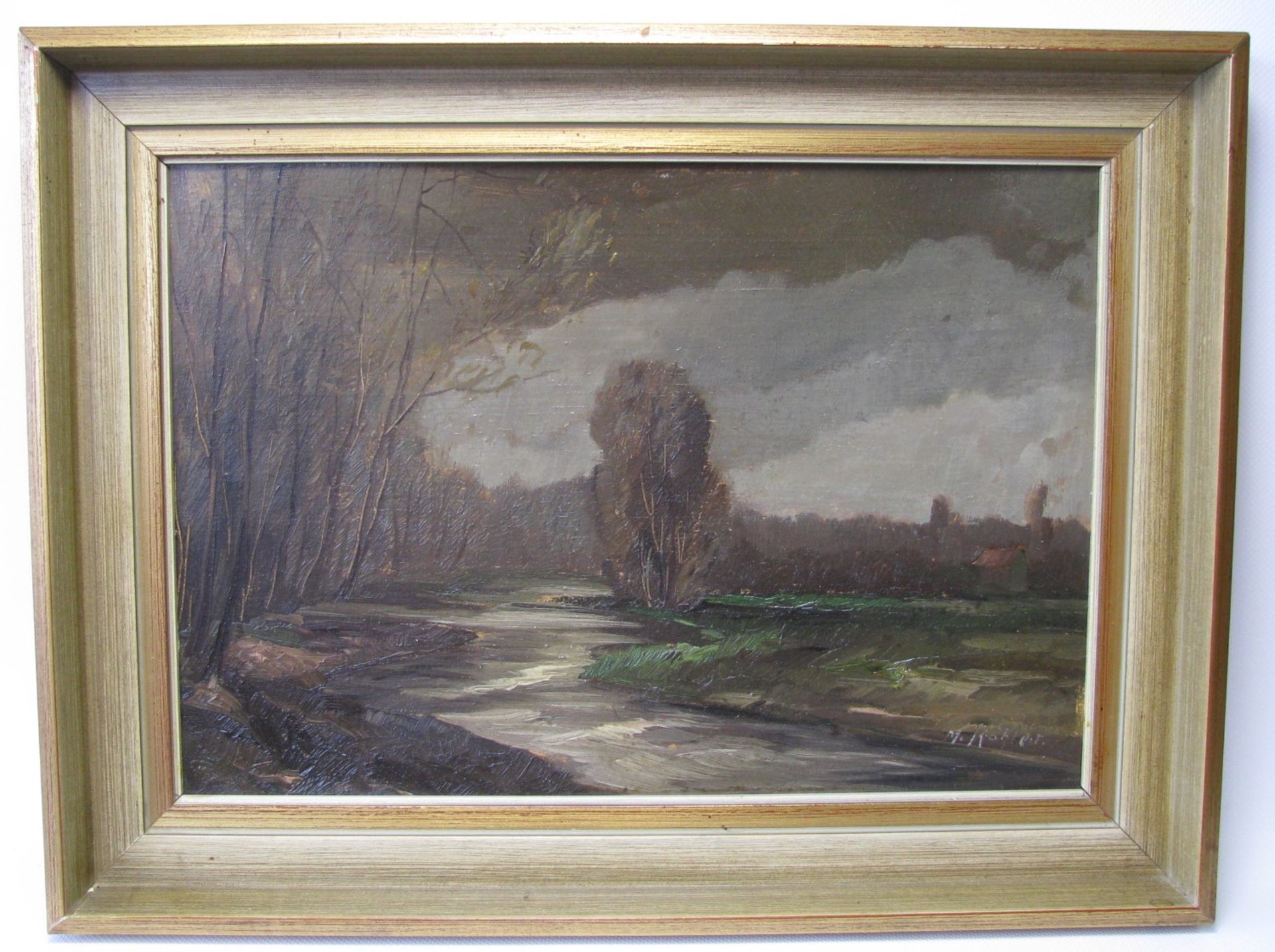 Köhler, M., "Flusslandschaft im Gewitter", re.u.sign., Öl/Malerpappe, 25 x 35,5 cm, R.