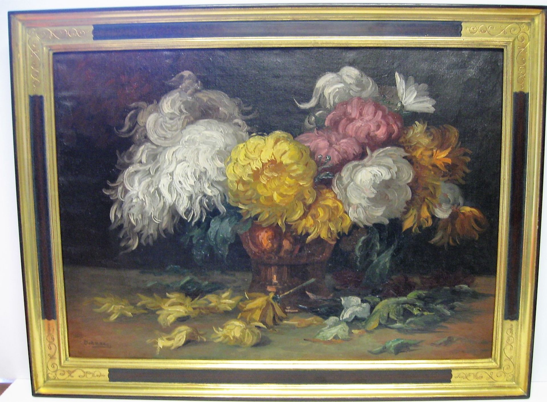 Dahmann/Dohmann, "Stillleben mit bunten Dahlien", li.u.sign., Öl/Leinwand, 50 x 70 cm, R.