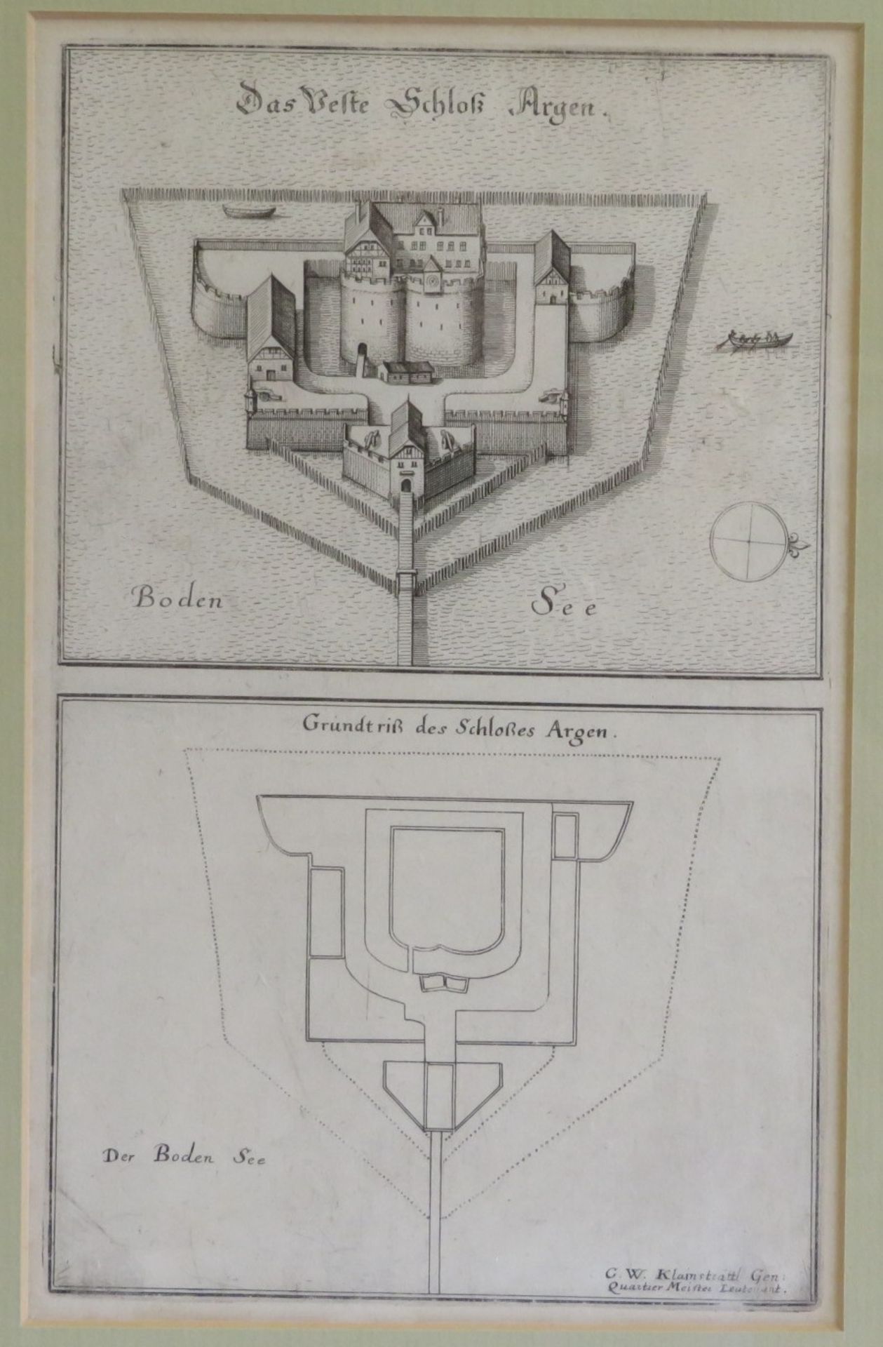 Kupferstich von G.W. Klainsträttl aus Merian, "Das Feste Schloß Argen" (Gesamtansicht aus der