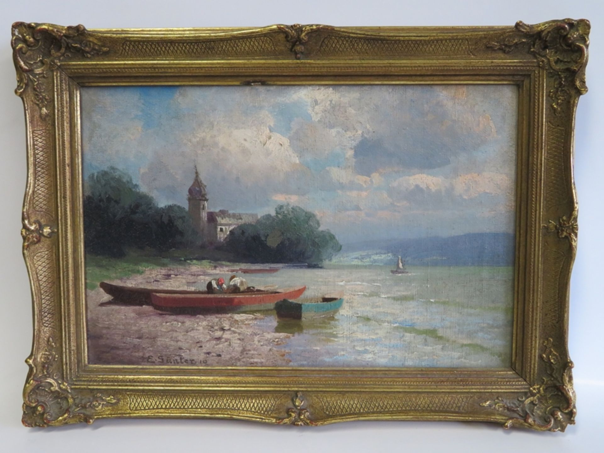 Günter, "Seenlandschaft mit Fischerboot", li.sign.u.dat. (19)10, Öl/Leinwand, 24,5 x 36 cm, R.