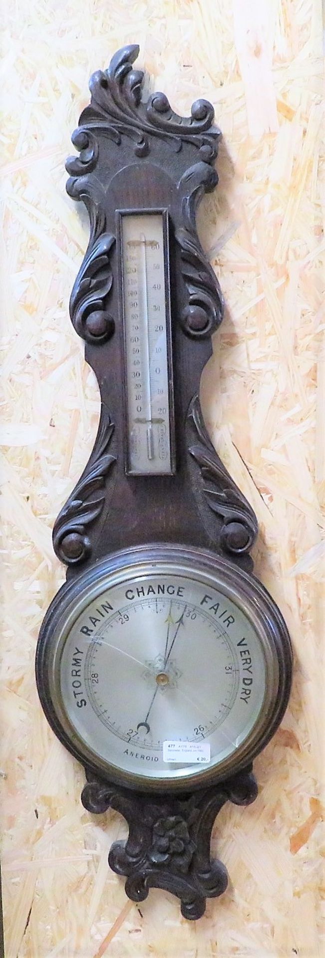 Barometer, England, um 1890, Eiche beschnitzt, Glas mit 3 Sprüngen, 88 x 27 x 7