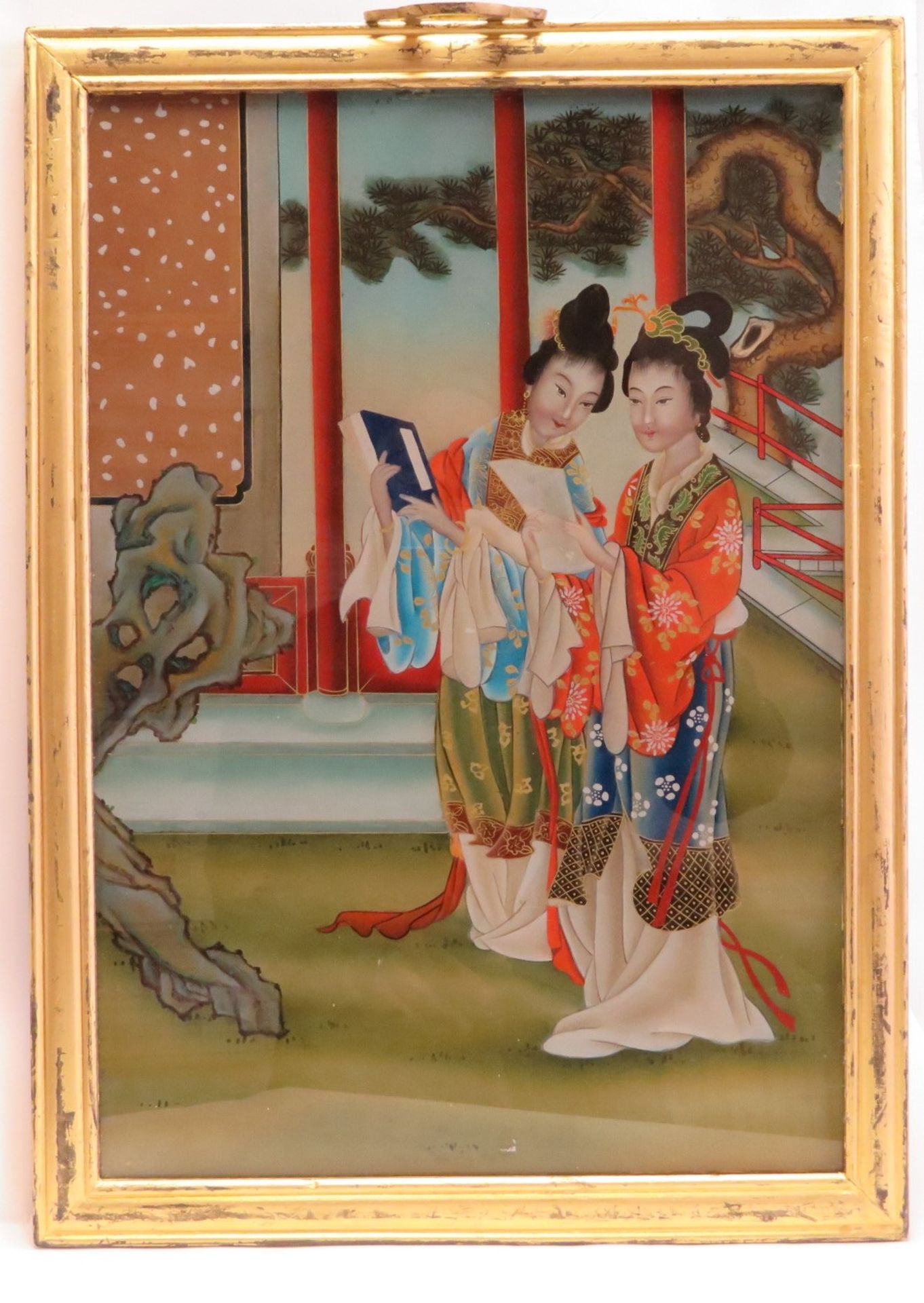 Hinterglasmalerei, Japan, "Zwei Geishas", 55 x 40 cm, Edelholzrahmen.