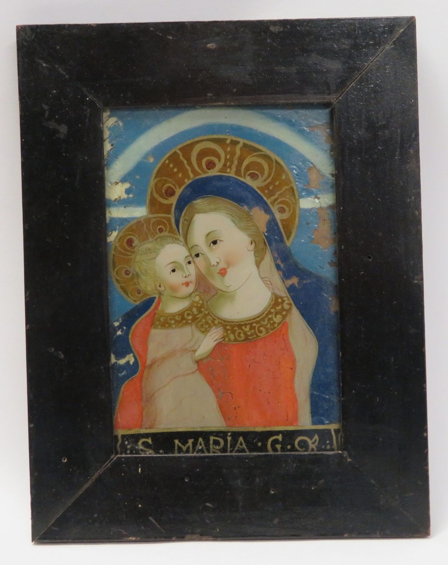 Hinterglasmalerei, 1. Hälfte 19. Jahrhundert, "Heilige Maria", Farbabplatzungen