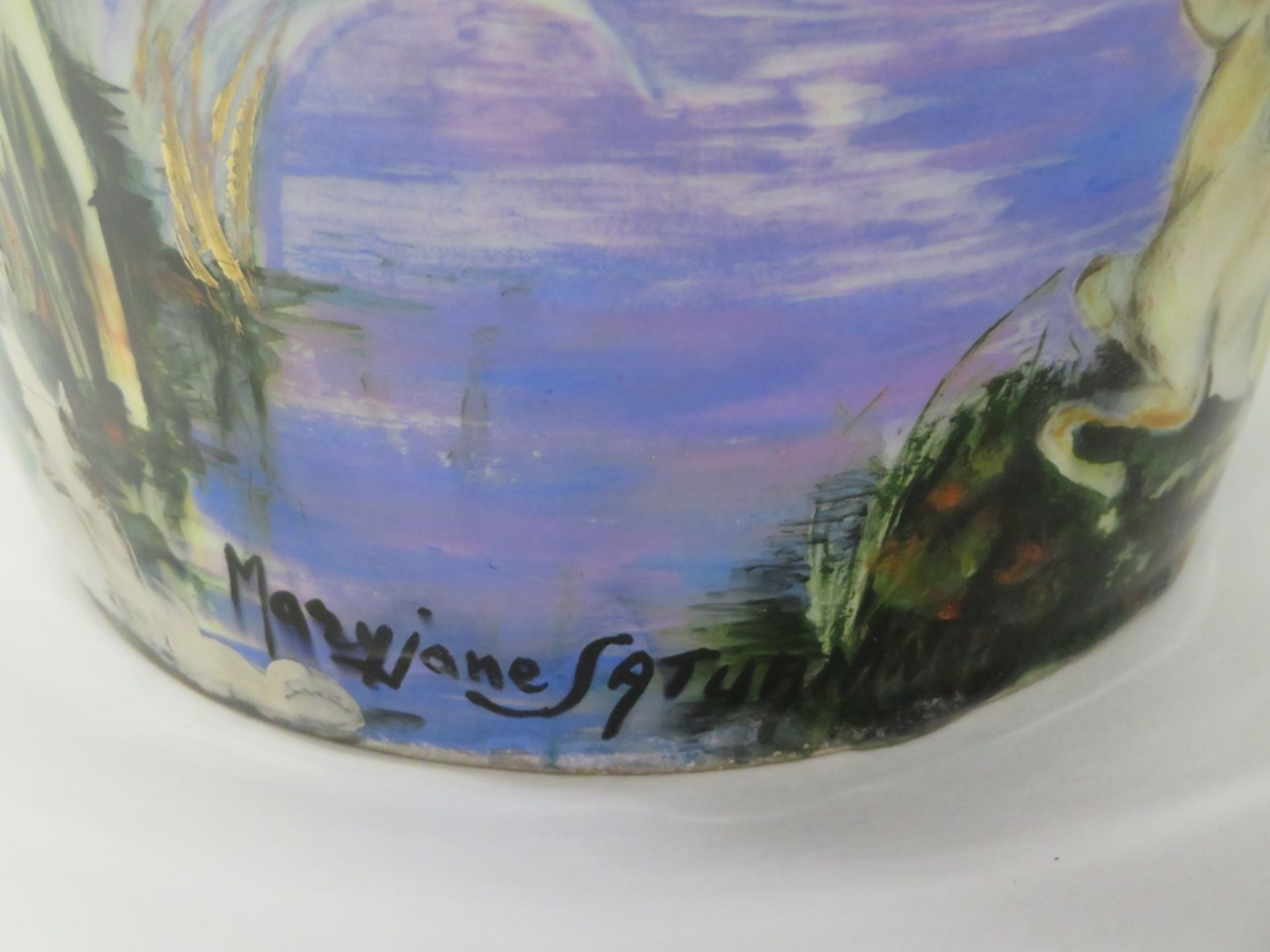 Vase, Mary-Jane Saturnino, Keramik mit polychromer Bemalung von Rehen am Bach u - Bild 2 aus 2