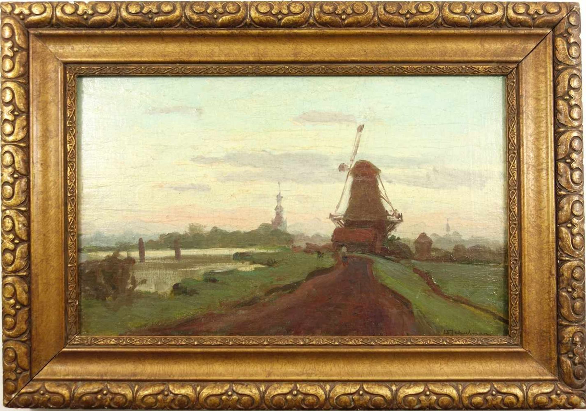 David Schulman (1881, Hilversum - 1966, Laren) "Niederländische Landschaft mit Mühle", Öl/Leinwand/
